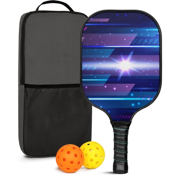 Pickleball Paddles Set Of 1, Fiberglass Surface, Speed, Lightning, Thunder Print, 1 Paddle, 2 Balls & Bag