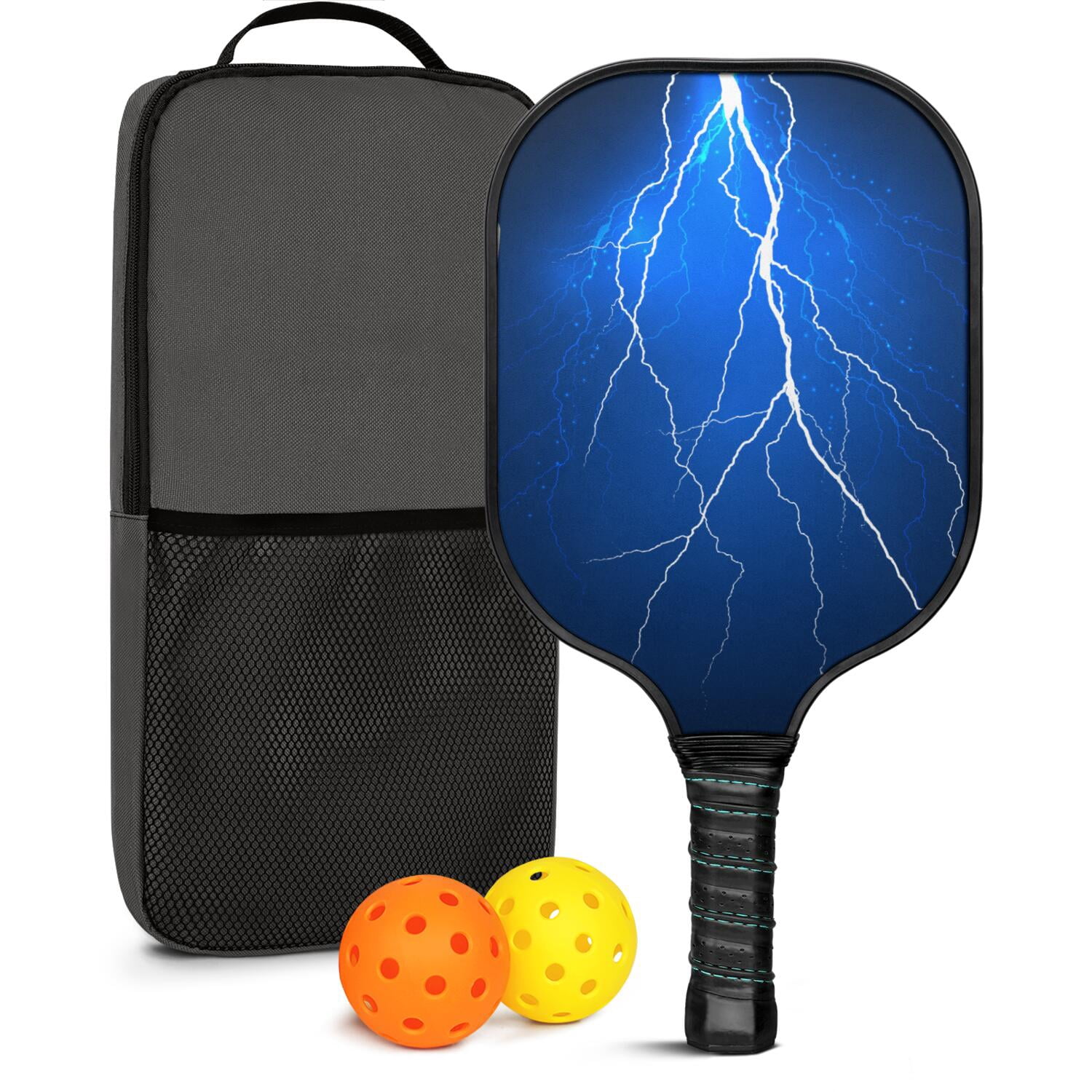 Pickleball Paddles Set Of 1, Fiberglass Surface, Speed, Lightning, Thunder Print, 1 Paddle, 2 Balls & Bag