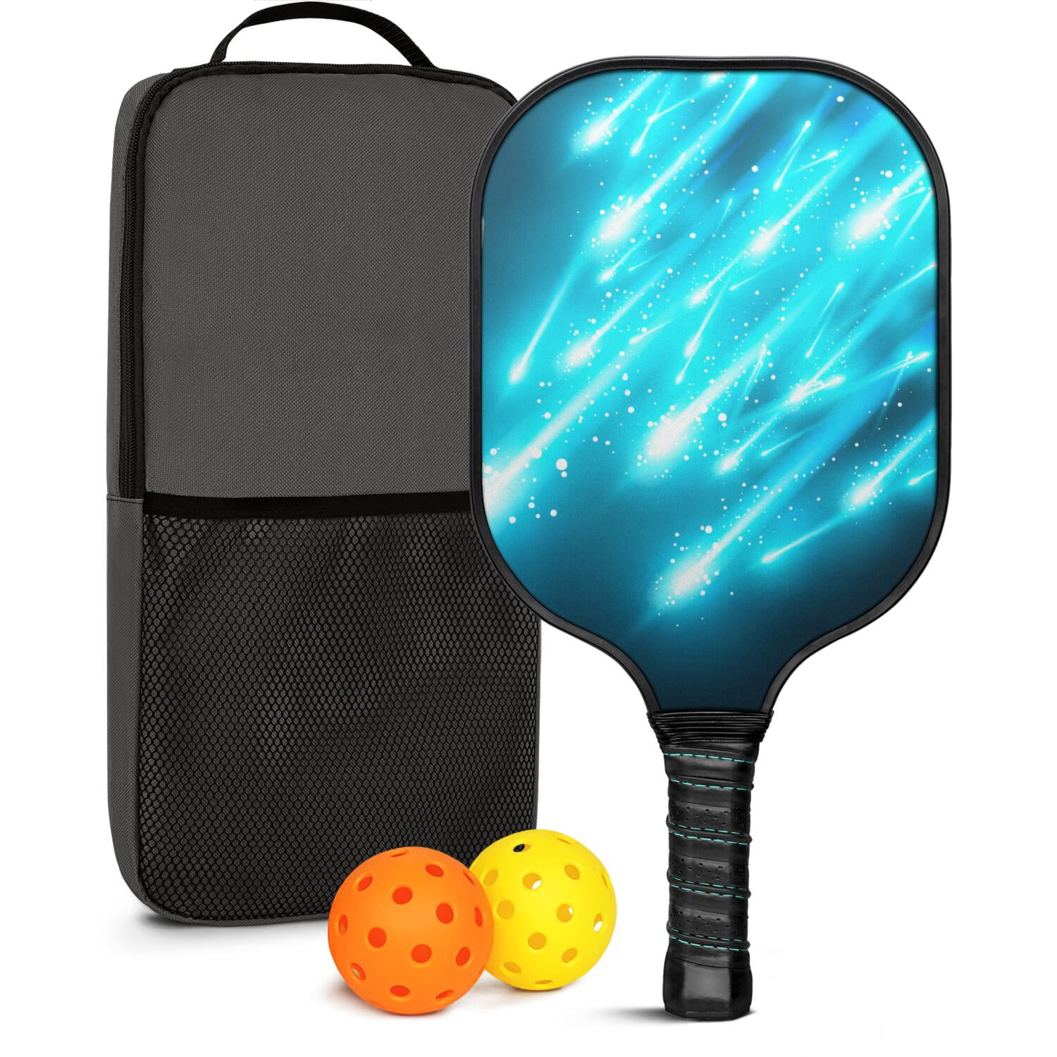 Pickleball Paddles Set Of 1, Fiberglass Surface, Speed, Lightning, Thunder Print, 1 Paddle, 2 Balls & Bag