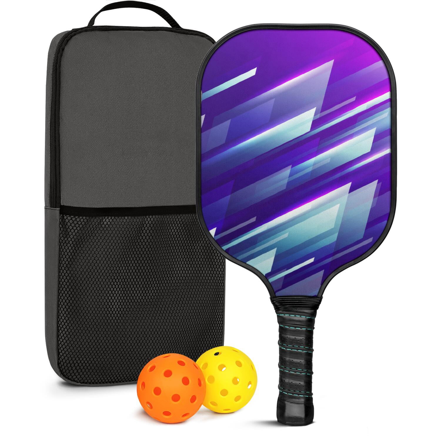 Pickleball Paddles Set Of 1, Fiberglass Surface, Speed, Lightning, Thunder Print, 1 Paddle, 2 Balls & Bag