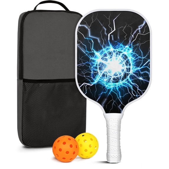 Pickleball Paddles Set Of 1, Fiberglass Surface, Speed, Lightning, Thunder Print, 1 Paddle, 2 Balls & Bag