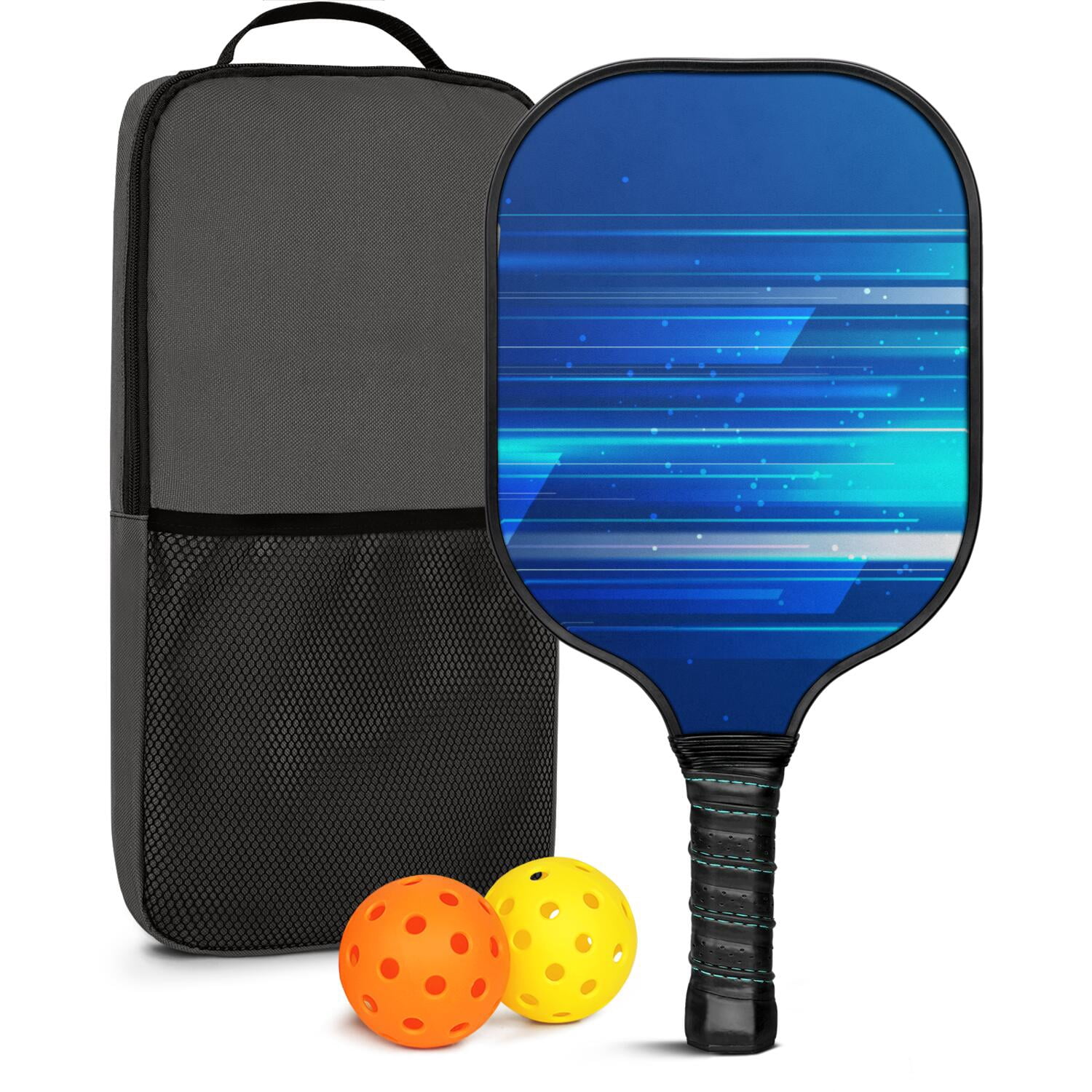 Pickleball Paddles Set Of 1, Fiberglass Surface, Speed, Lightning, Thunder Print, 1 Paddle, 2 Balls & Bag