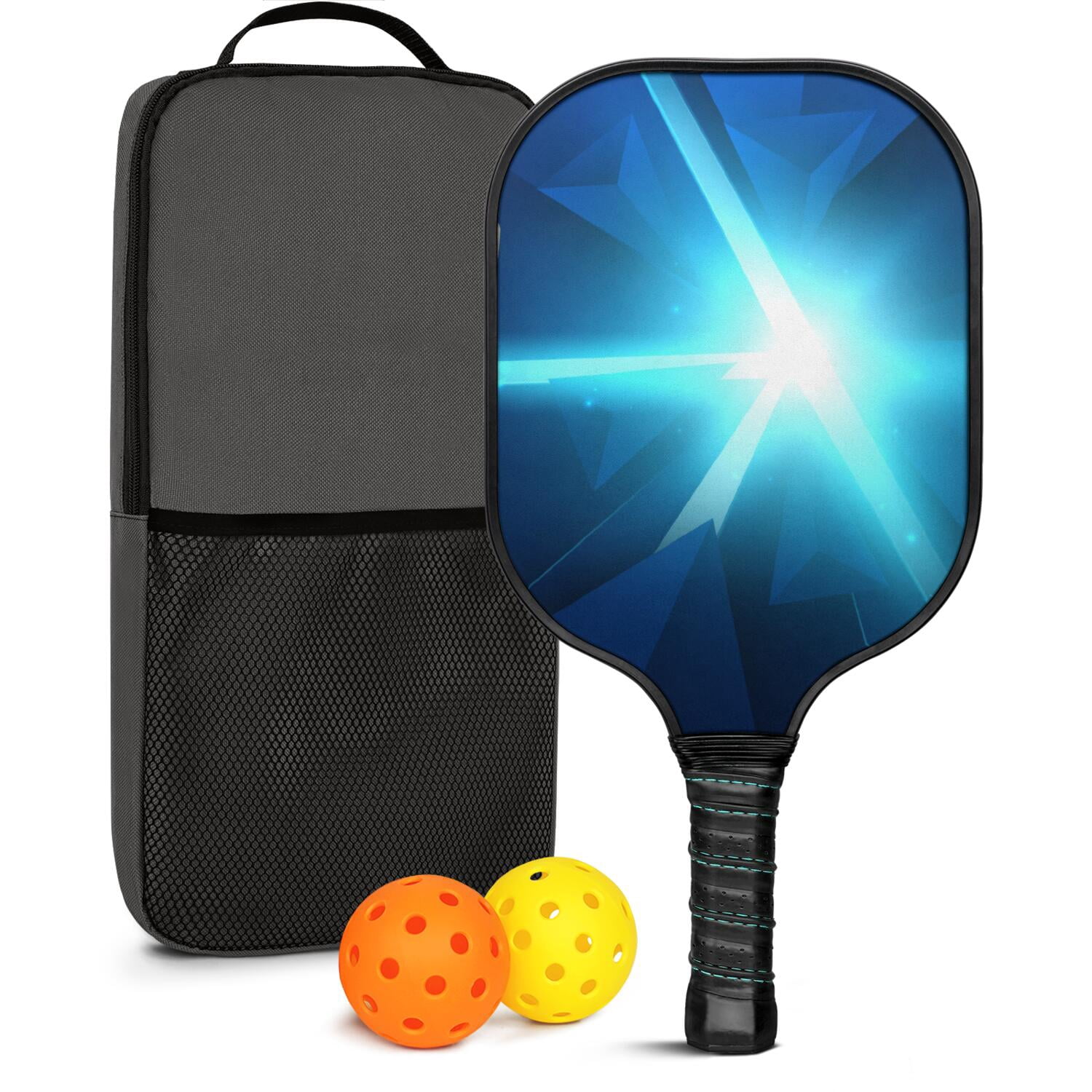 Pickleball Paddles Set Of 1, Fiberglass Surface, Speed, Lightning, Thunder Print, 1 Paddle, 2 Balls & Bag