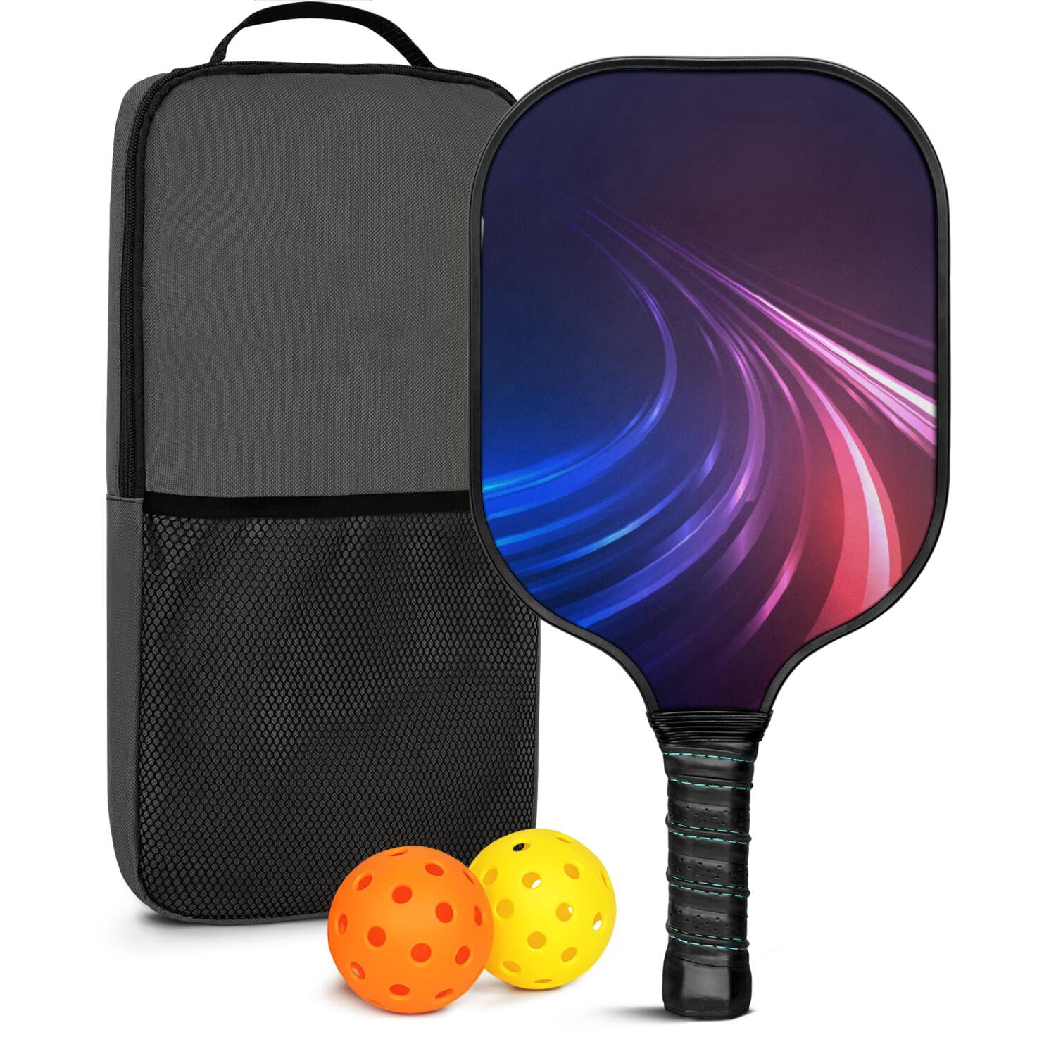 Pickleball Paddles Set Of 1, Fiberglass Surface, Speed, Lightning, Thunder Print, 1 Paddle, 2 Balls & Bag