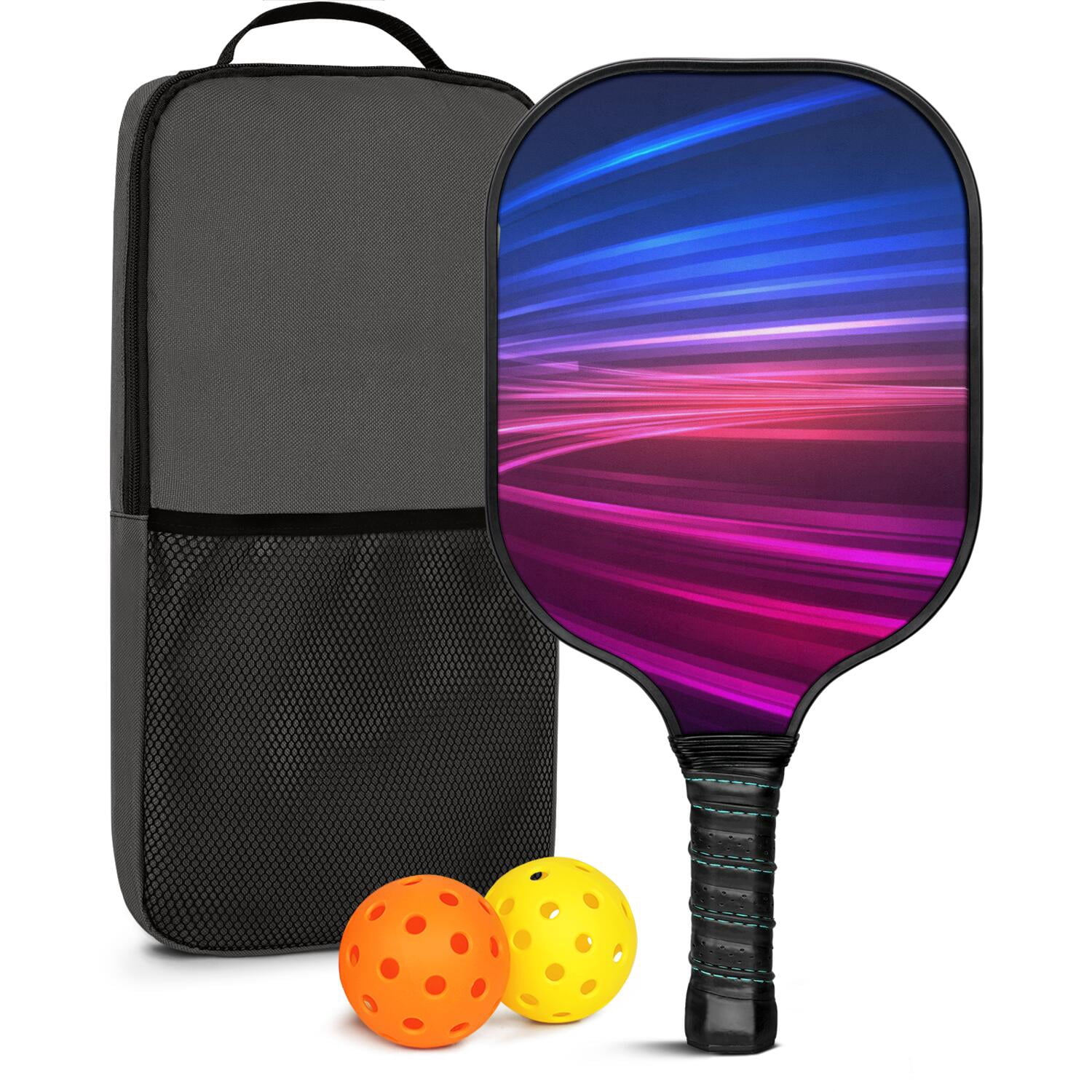 Pickleball Paddles Set Of 1, Fiberglass Surface, Speed, Lightning, Thunder Print, 1 Paddle, 2 Balls & Bag