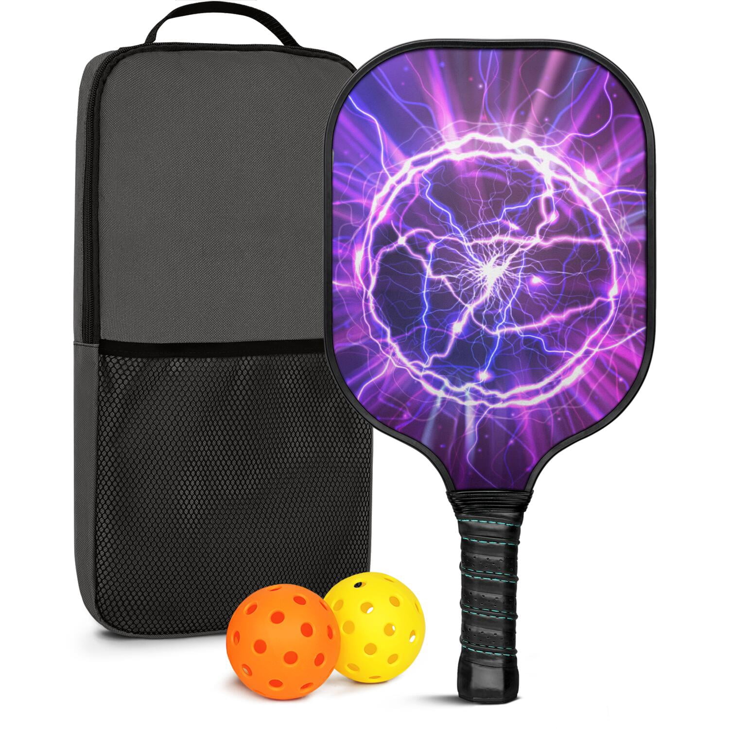 Pickleball Paddles Set Of 1, Fiberglass Surface, Speed, Lightning, Thunder Print, 1 Paddle, 2 Balls & Bag