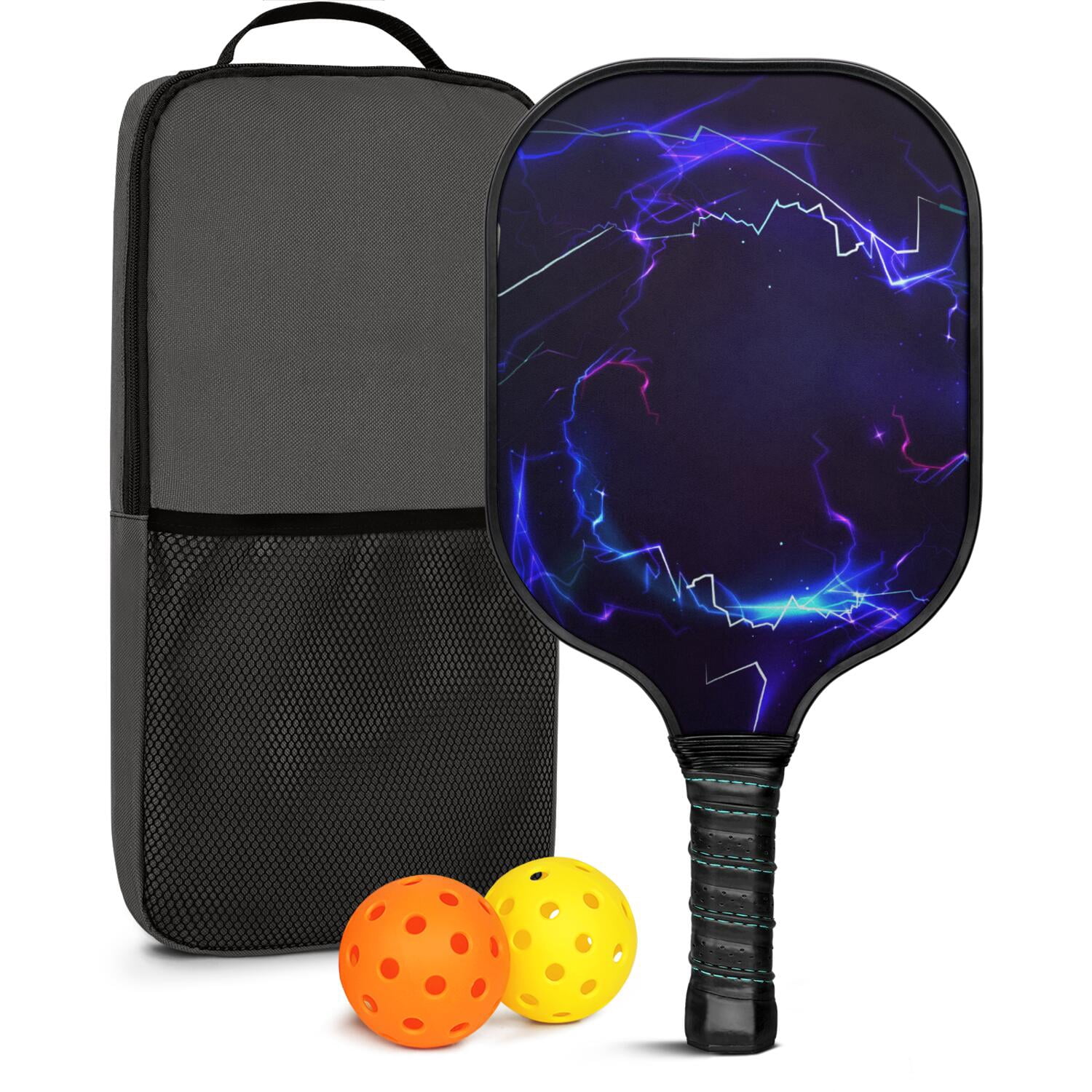 Pickleball Paddles Set Of 1, Fiberglass Surface, Speed, Lightning, Thunder Print, 1 Paddle, 2 Balls & Bag