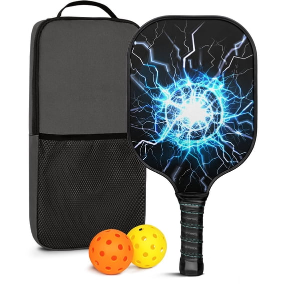 Pickleball Paddles Set Of 1, Fiberglass Surface, Speed, Lightning, Thunder Print, 1 Paddle, 2 Balls & Bag
