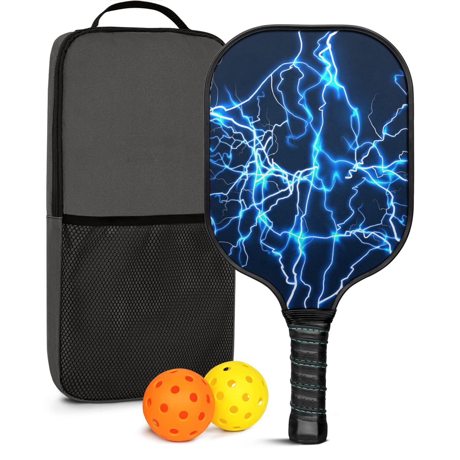 Pickleball Paddles Set Of 1, Fiberglass Surface, Speed, Lightning, Thunder Print, 1 Paddle, 2 Balls & Bag
