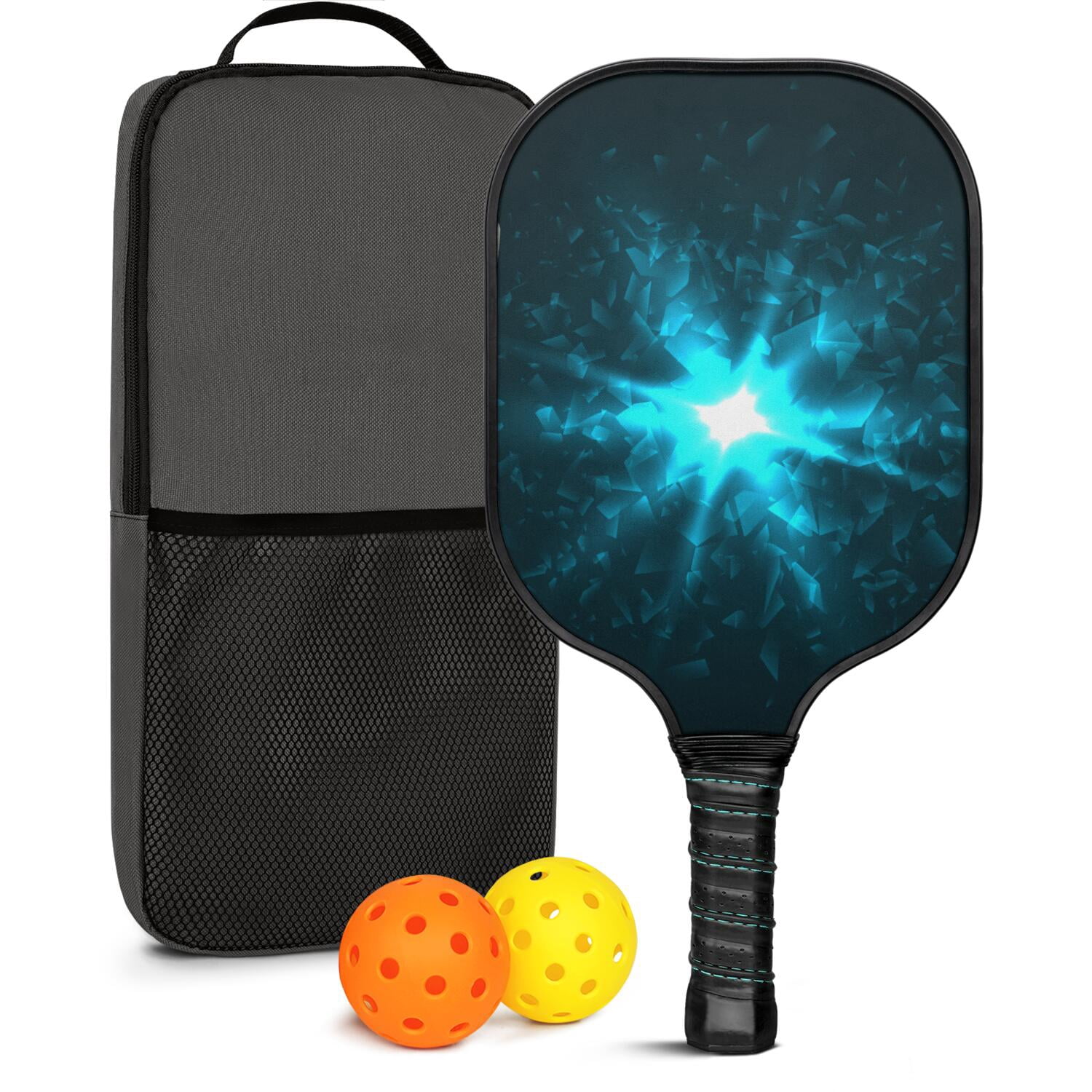 Pickleball Paddles Set Of 1, Fiberglass Surface, Speed, Lightning, Thunder Print, 1 Paddle, 2 Balls & Bag