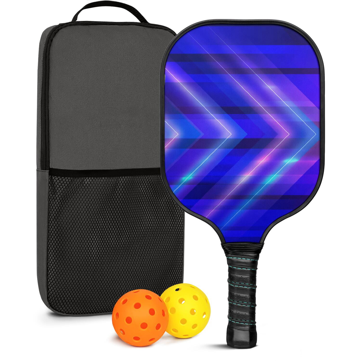 Pickleball Paddles Set Of 1, Fiberglass Surface, Speed, Lightning, Thunder Print, 1 Paddle, 2 Balls & Bag