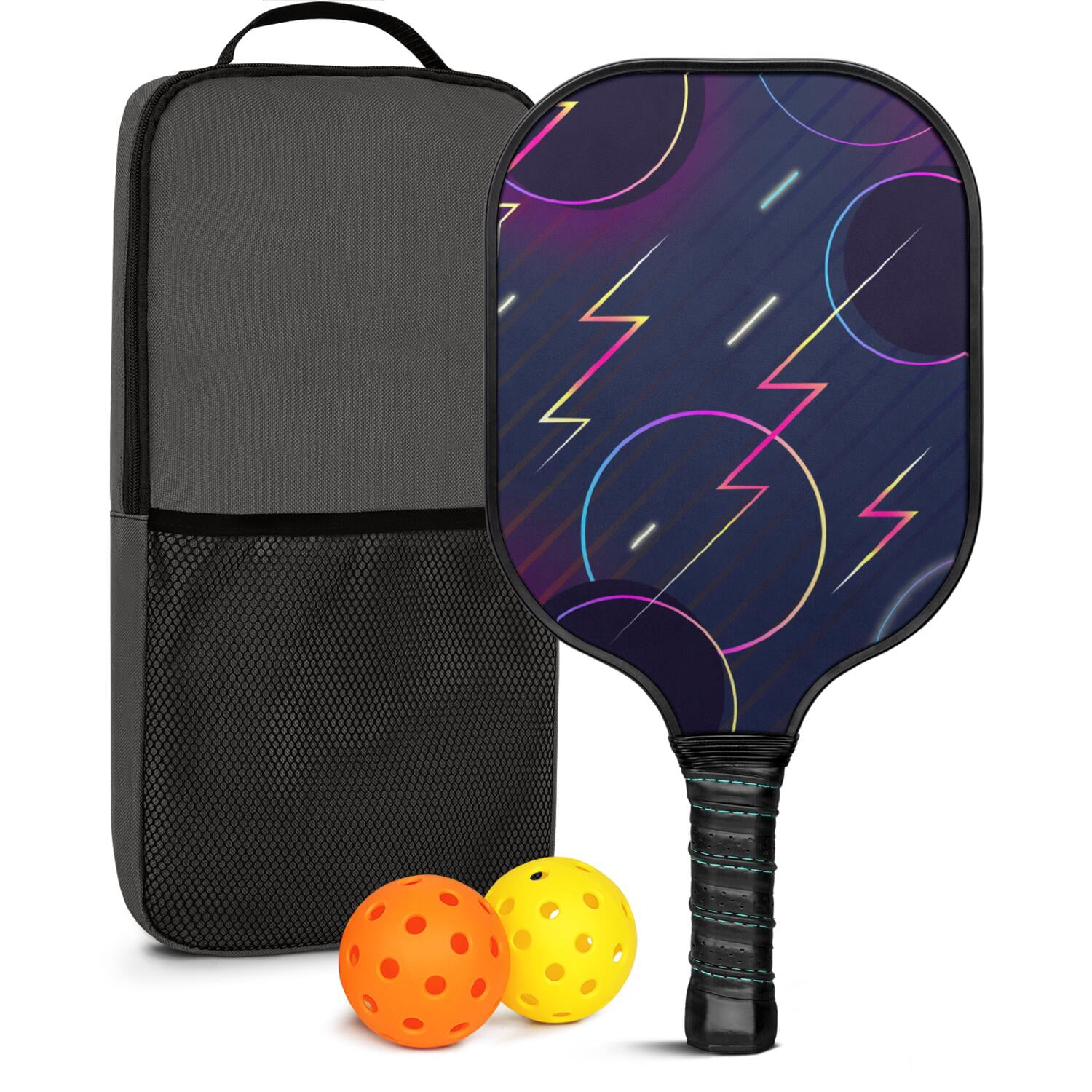 Pickleball Paddles Set Of 1, Fiberglass Surface, Speed, Lightning, Thunder Print, 1 Paddle, 2 Balls & Bag