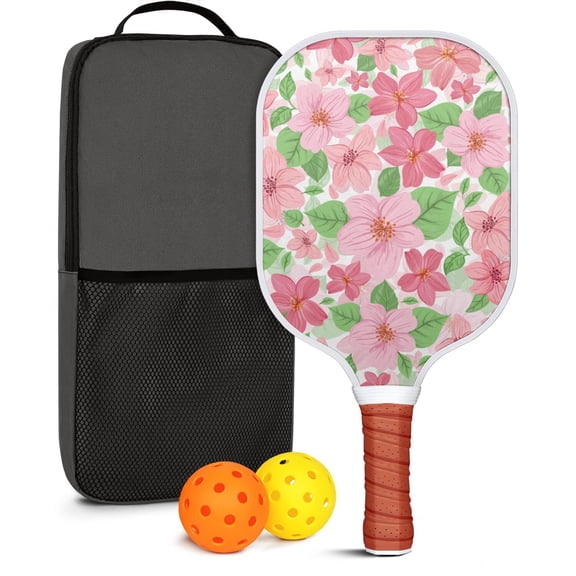 Pickleball Paddles Set Of 1, Fiberglass Surface, Spring Flowers Floral Print, 1 Paddle, 2 Balls & Bag