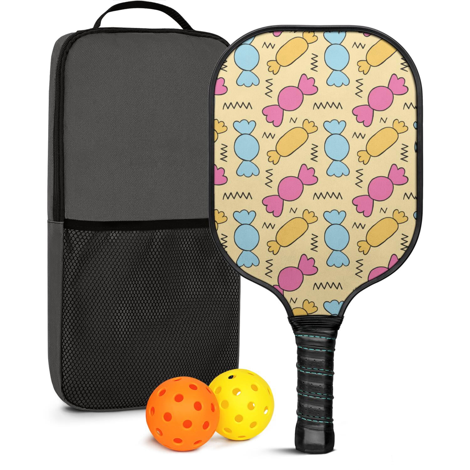 Pickleball Paddles Set Of 1, Fiberglass Surface, Sweet Candy Print, 1 Paddle, 2 Balls & Bag
