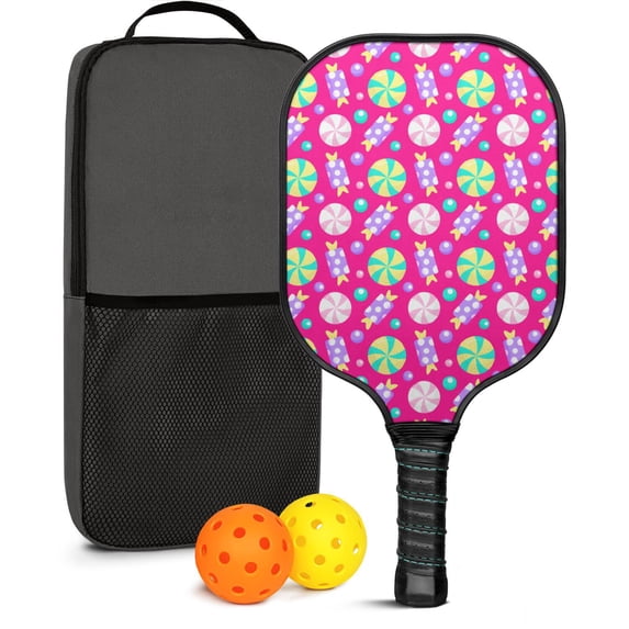 Pickleball Paddles Set Of 1, Fiberglass Surface, Sweet Candy Print, 1 Paddle, 2 Balls & Bag