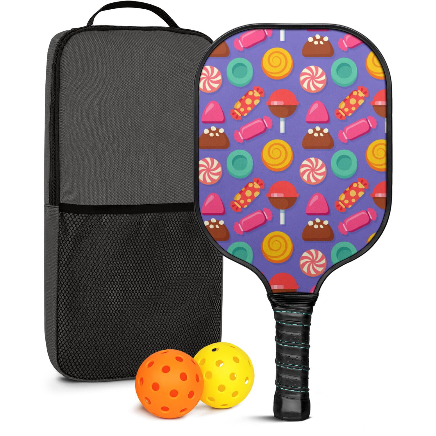 Pickleball Paddles Set Of 1, Fiberglass Surface, Sweet Candy Print, 1 Paddle, 2 Balls & Bag