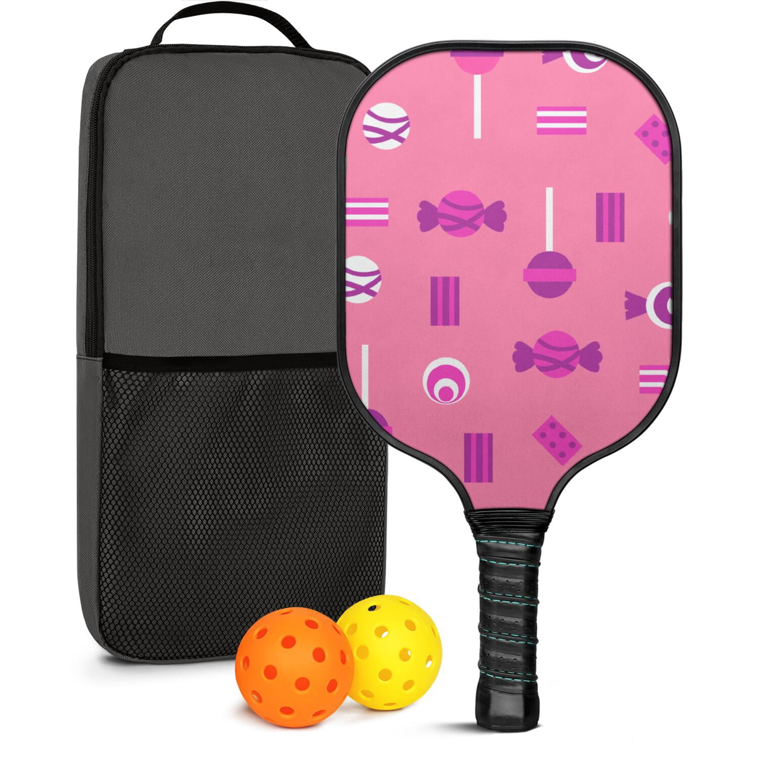 Pickleball Paddles Set Of 1, Fiberglass Surface, Sweet Candy Print, 1 Paddle, 2 Balls & Bag
