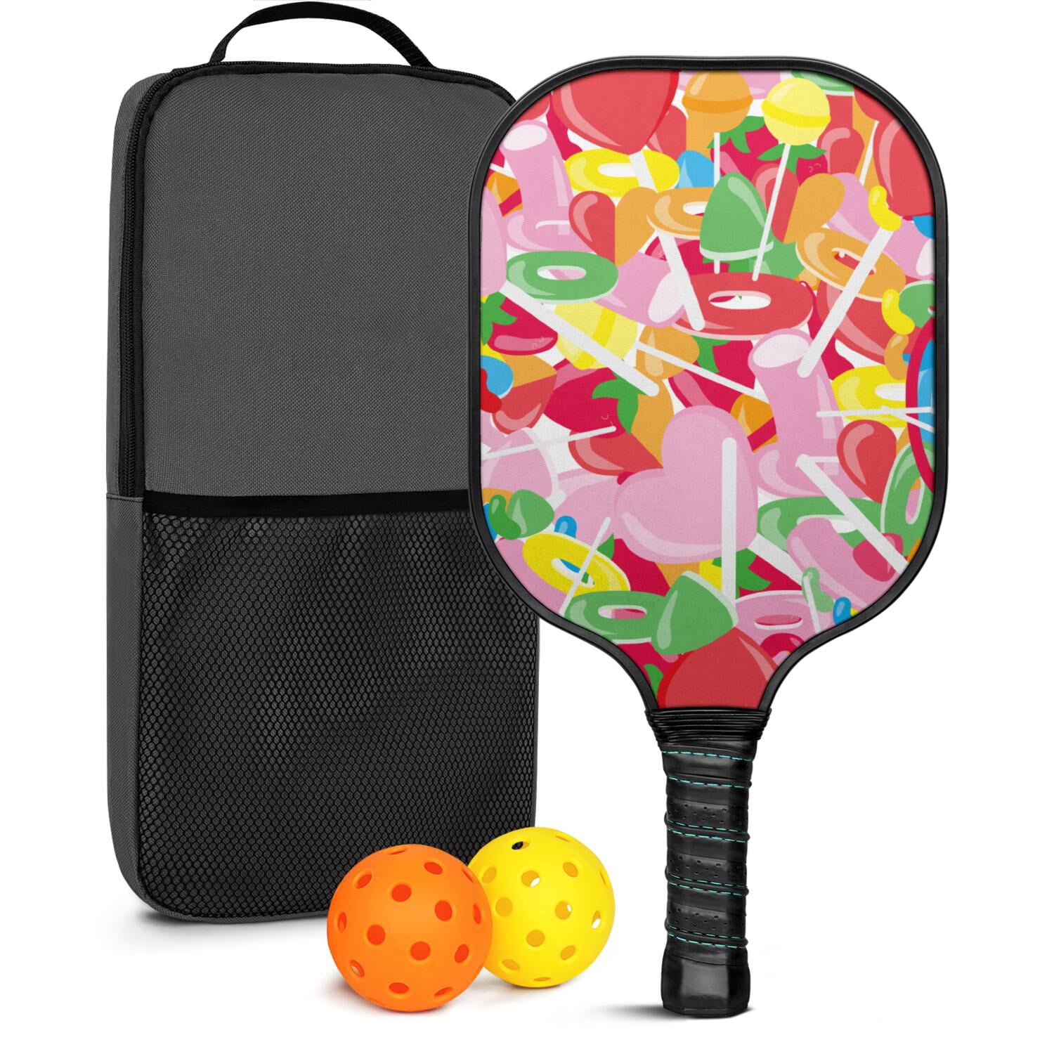 Pickleball Paddles Set Of 1, Fiberglass Surface, Sweet Candy Print, 1 Paddle, 2 Balls & Bag