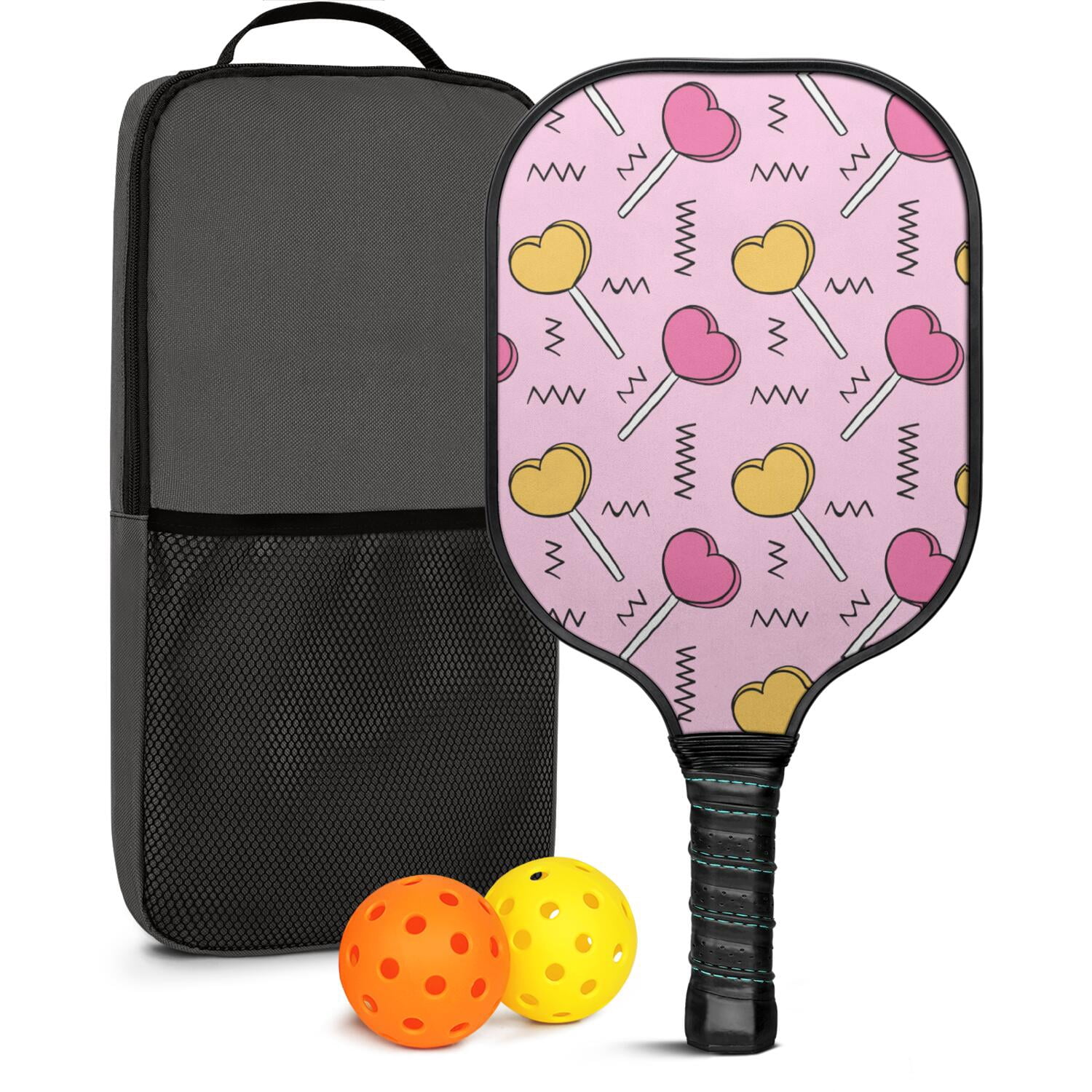 Pickleball Paddles Set Of 1, Fiberglass Surface, Sweet Candy Print, 1 Paddle, 2 Balls & Bag