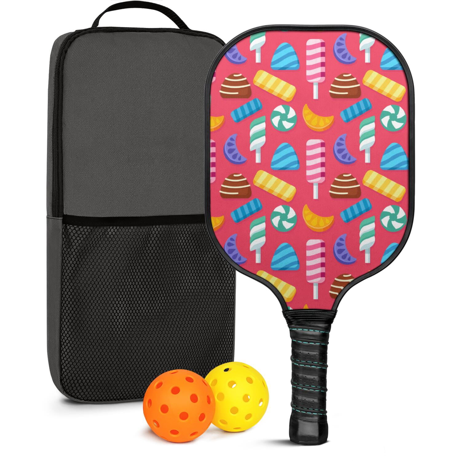 Pickleball Paddles Set Of 1, Fiberglass Surface, Sweet Candy Print, 1 Paddle, 2 Balls & Bag