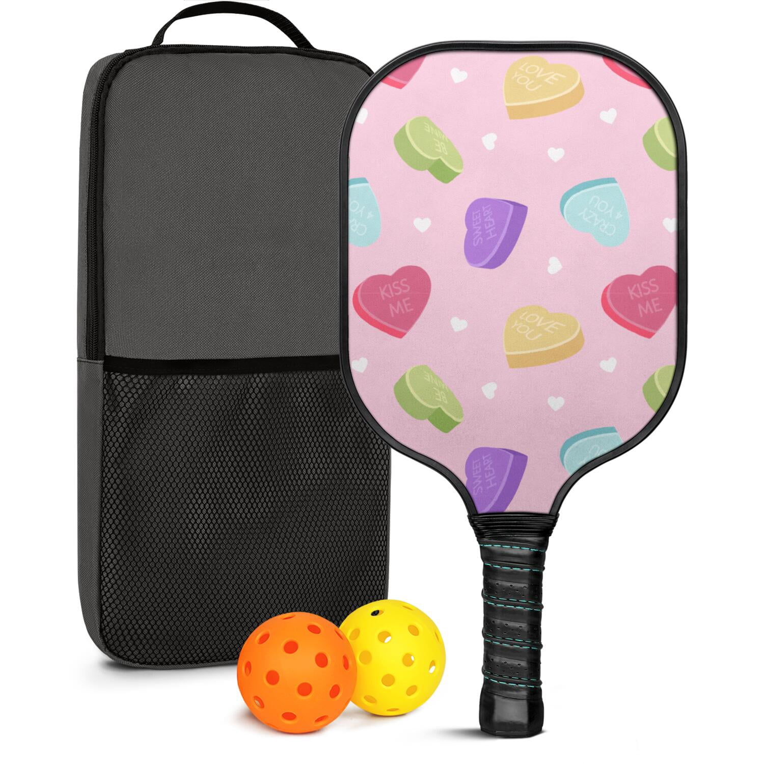 Pickleball Paddles Set Of 1, Fiberglass Surface, Sweet Candy Print, 1 Paddle, 2 Balls & Bag