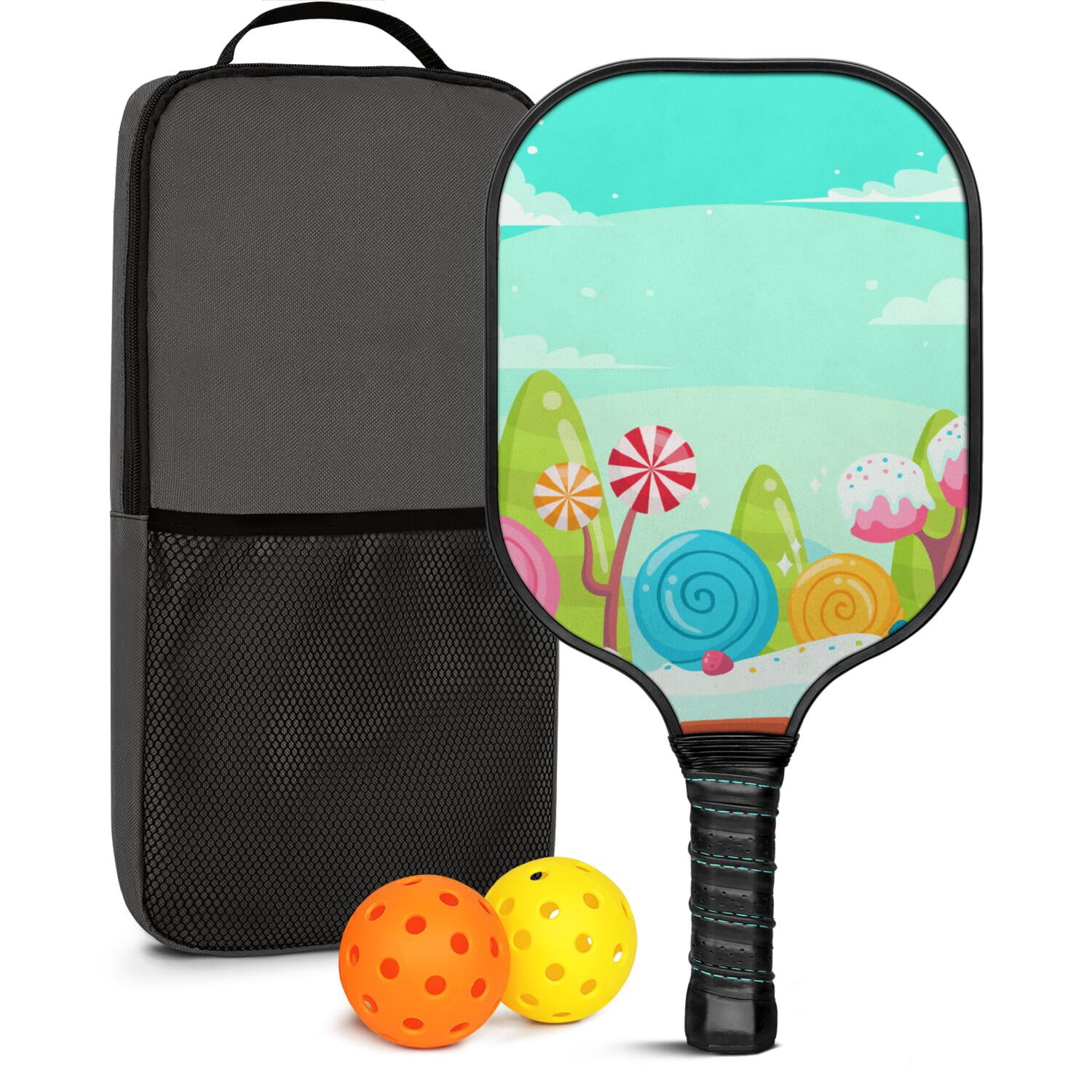 Pickleball Paddles Set Of 1, Fiberglass Surface, Sweet Candy Print, 1 Paddle, 2 Balls & Bag