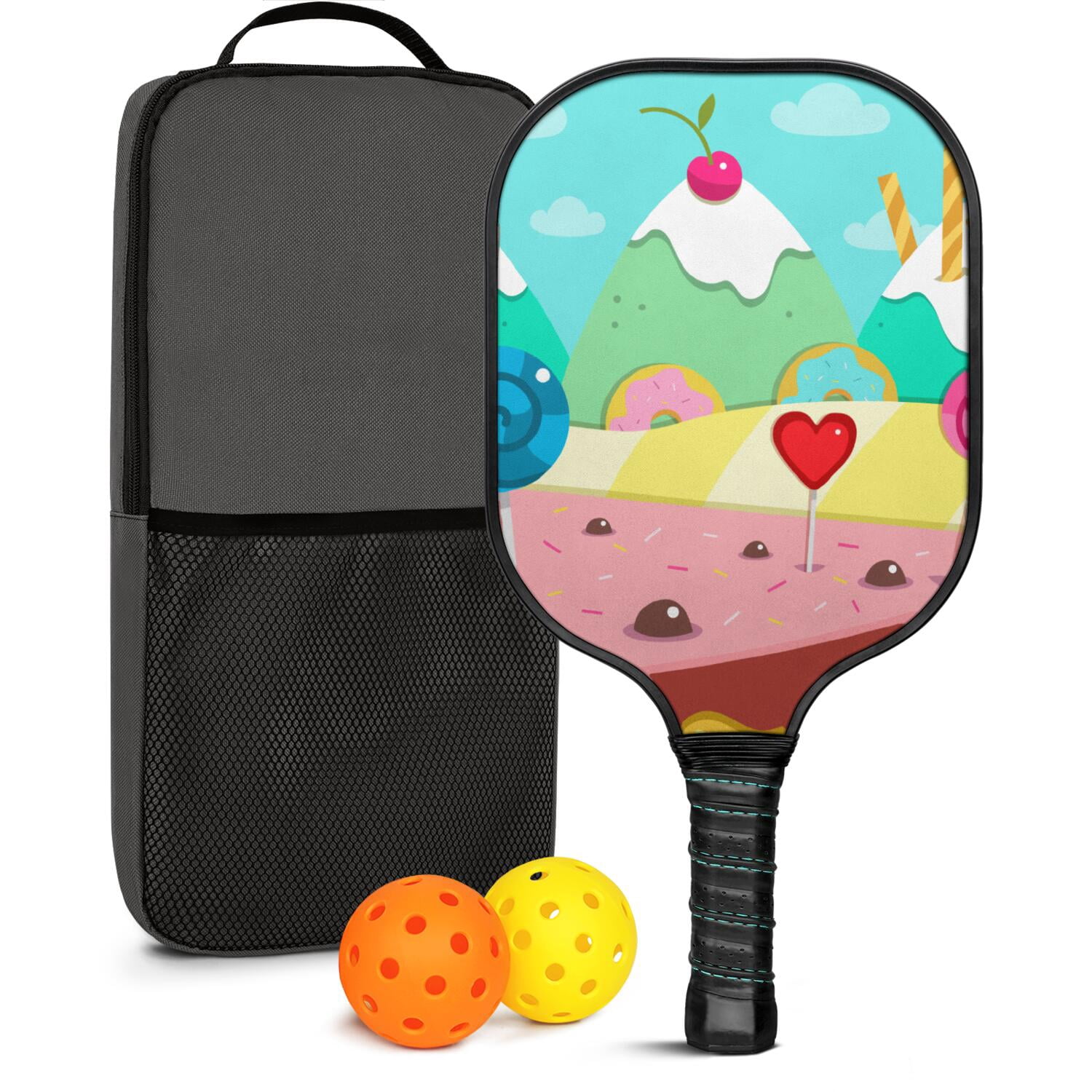 Pickleball Paddles Set Of 1, Fiberglass Surface, Sweet Candy Print, 1 Paddle, 2 Balls & Bag