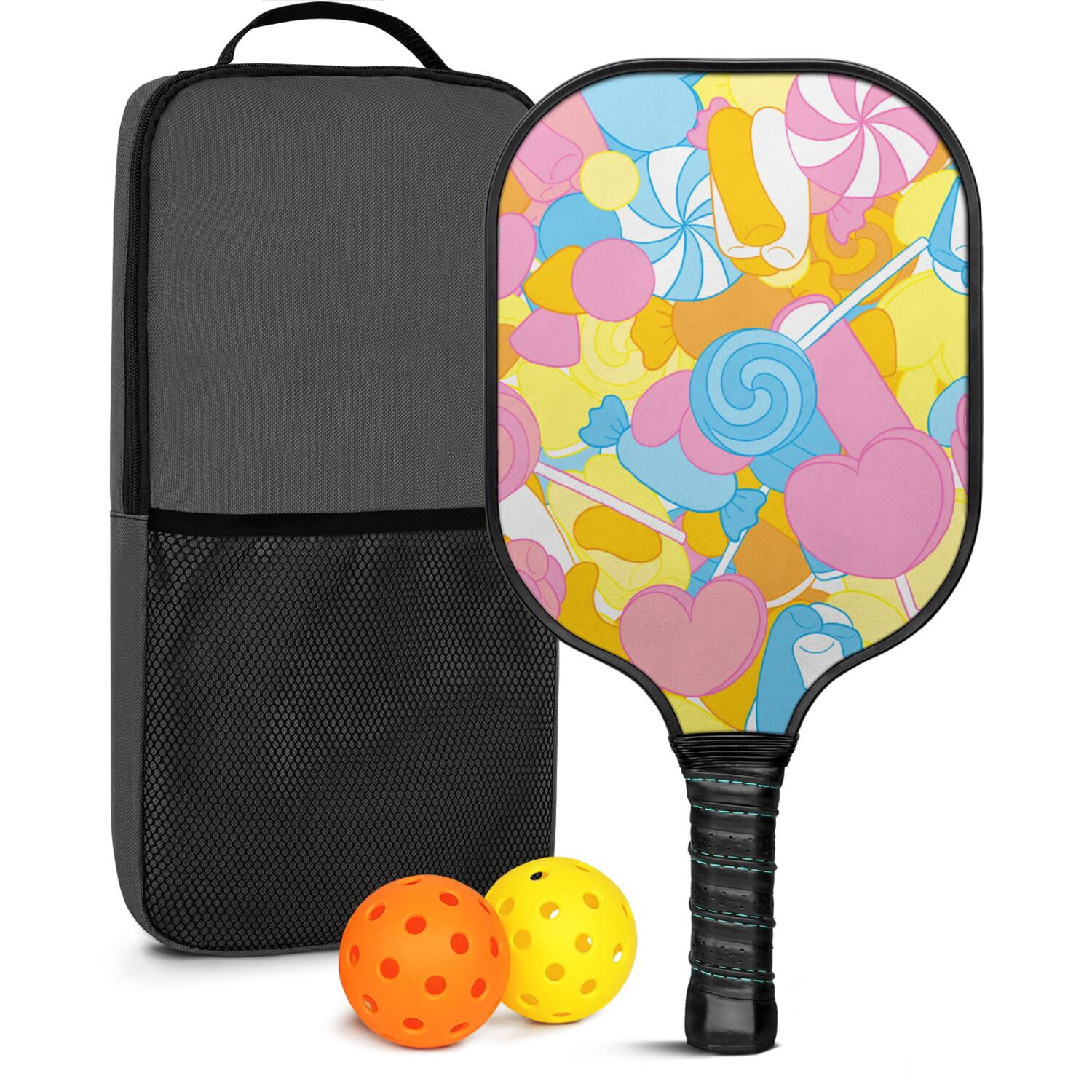 Pickleball Paddles Set Of 1, Fiberglass Surface, Sweet Candy Print, 1 Paddle, 2 Balls & Bag