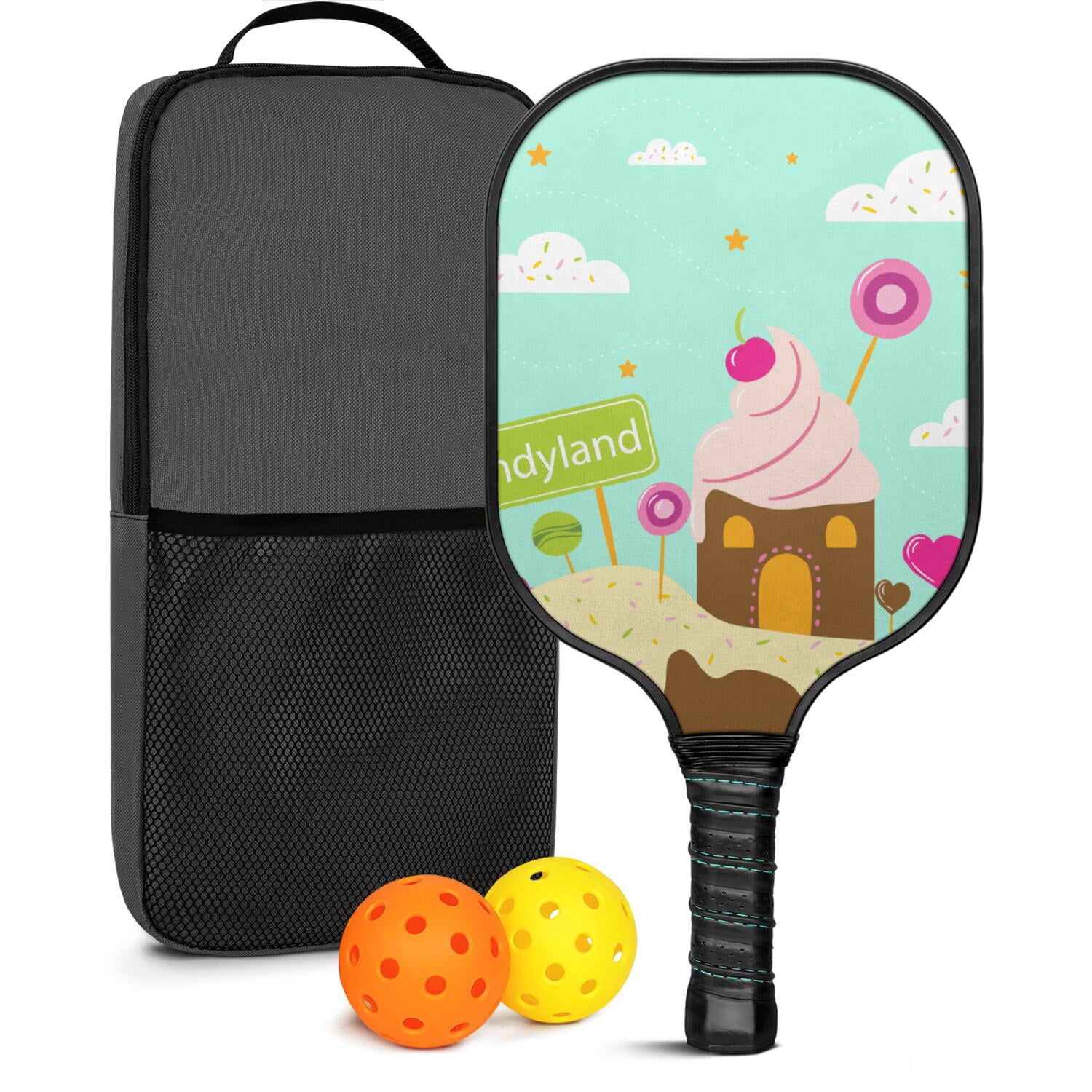 Pickleball Paddles Set Of 1, Fiberglass Surface, Sweet Candy Print, 1 Paddle, 2 Balls & Bag