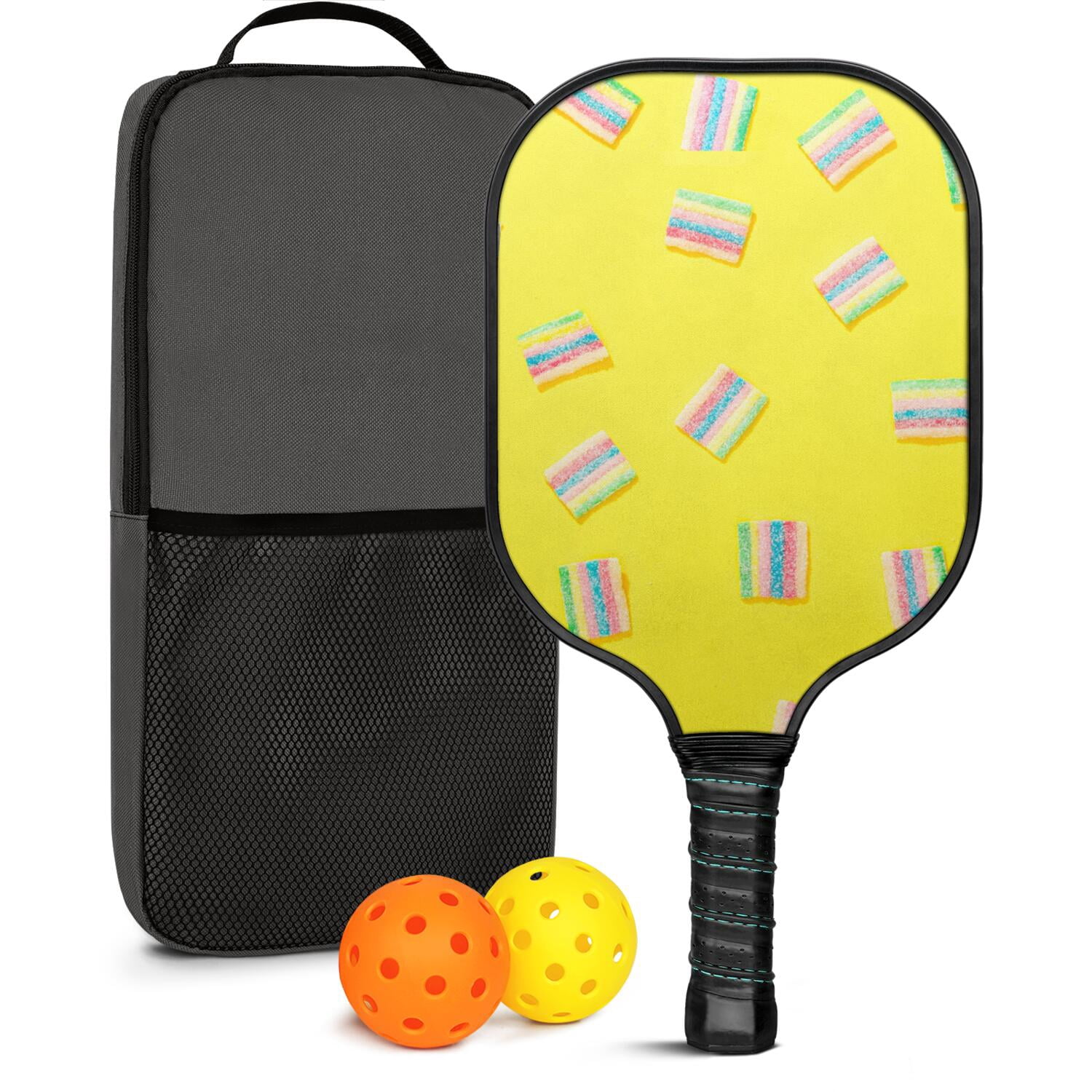 Pickleball Paddles Set Of 1, Fiberglass Surface, Sweet Candy Print, 1 Paddle, 2 Balls & Bag