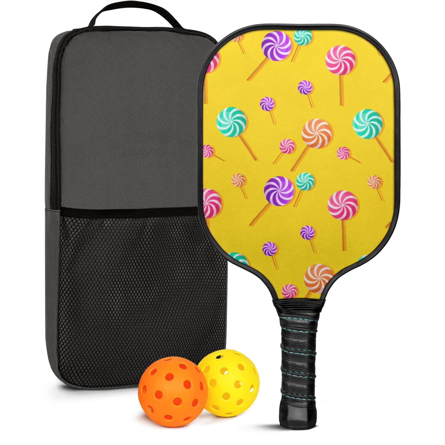 Pickleball Paddles Set Of 1, Fiberglass Surface, Sweet Candy Print, 1 Paddle, 2 Balls & Bag