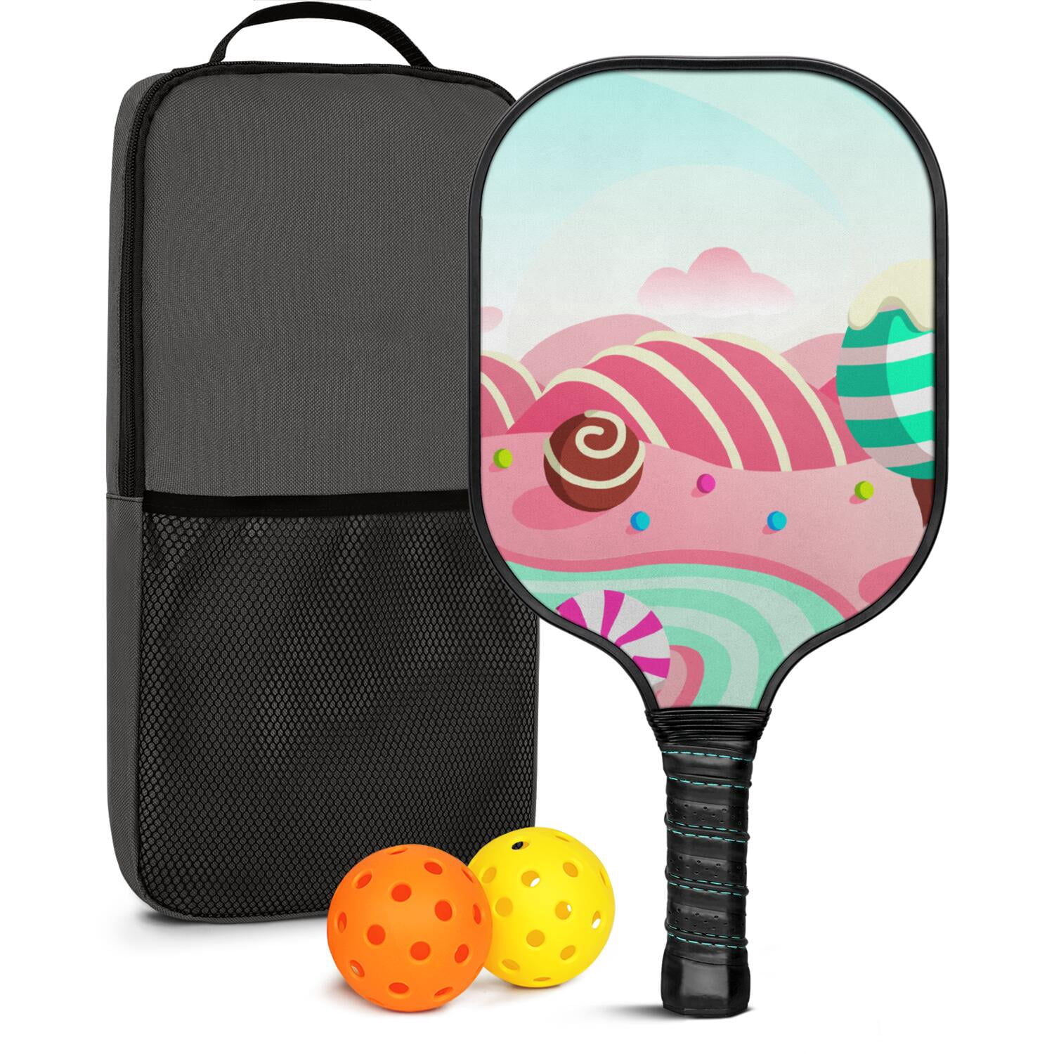 Pickleball Paddles Set Of 1, Fiberglass Surface, Sweet Candy Print, 1 Paddle, 2 Balls & Bag