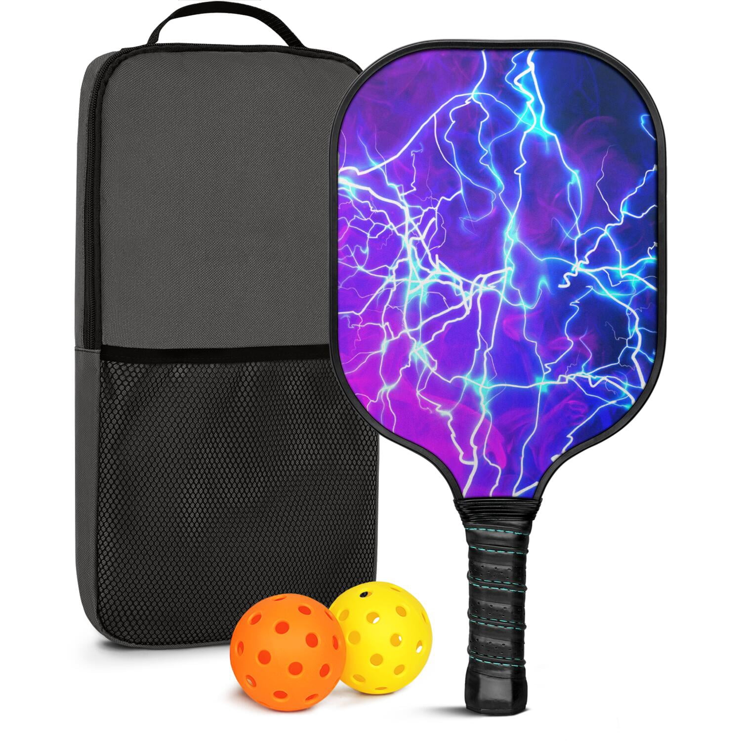 Pickleball Paddles Set Of 1, Fiberglass Surface, Thunder Print, 1 Paddle, 2 Balls & Bag