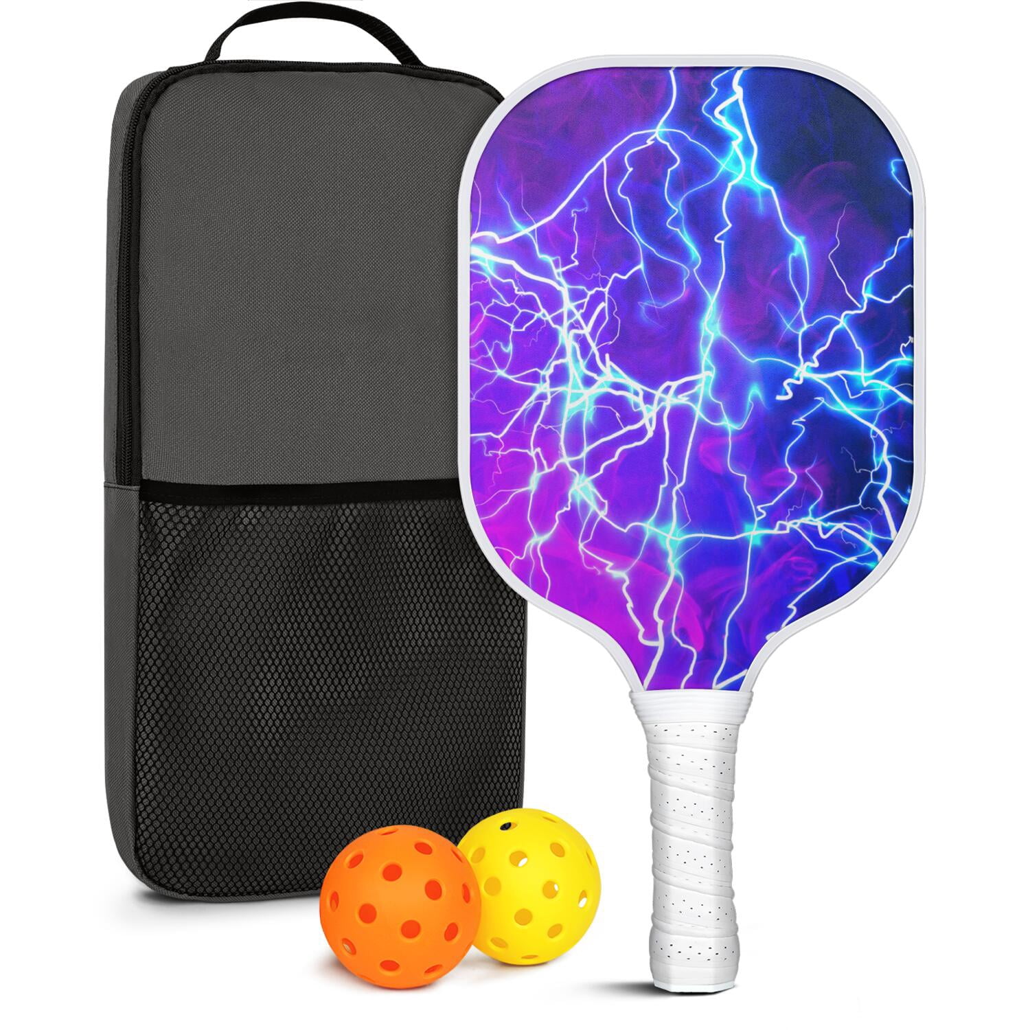 Pickleball Paddles Set Of 1, Fiberglass Surface, Thunder Print, 1 Paddle, 2 Balls & Bag
