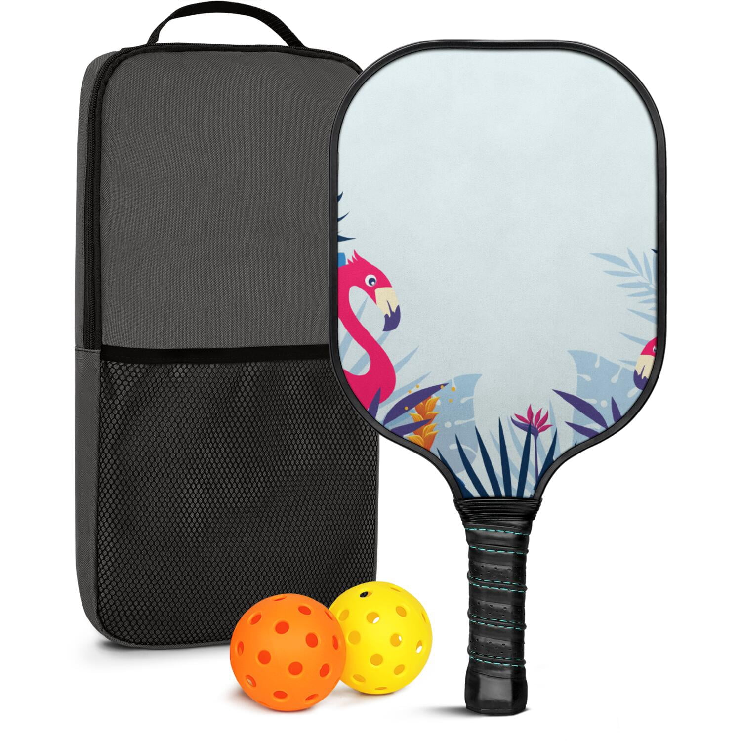 Pickleball Paddles Set Of 1, Fiberglass Surface, Tropical Leaf Print, 1 Paddle, 2 Balls & Bag