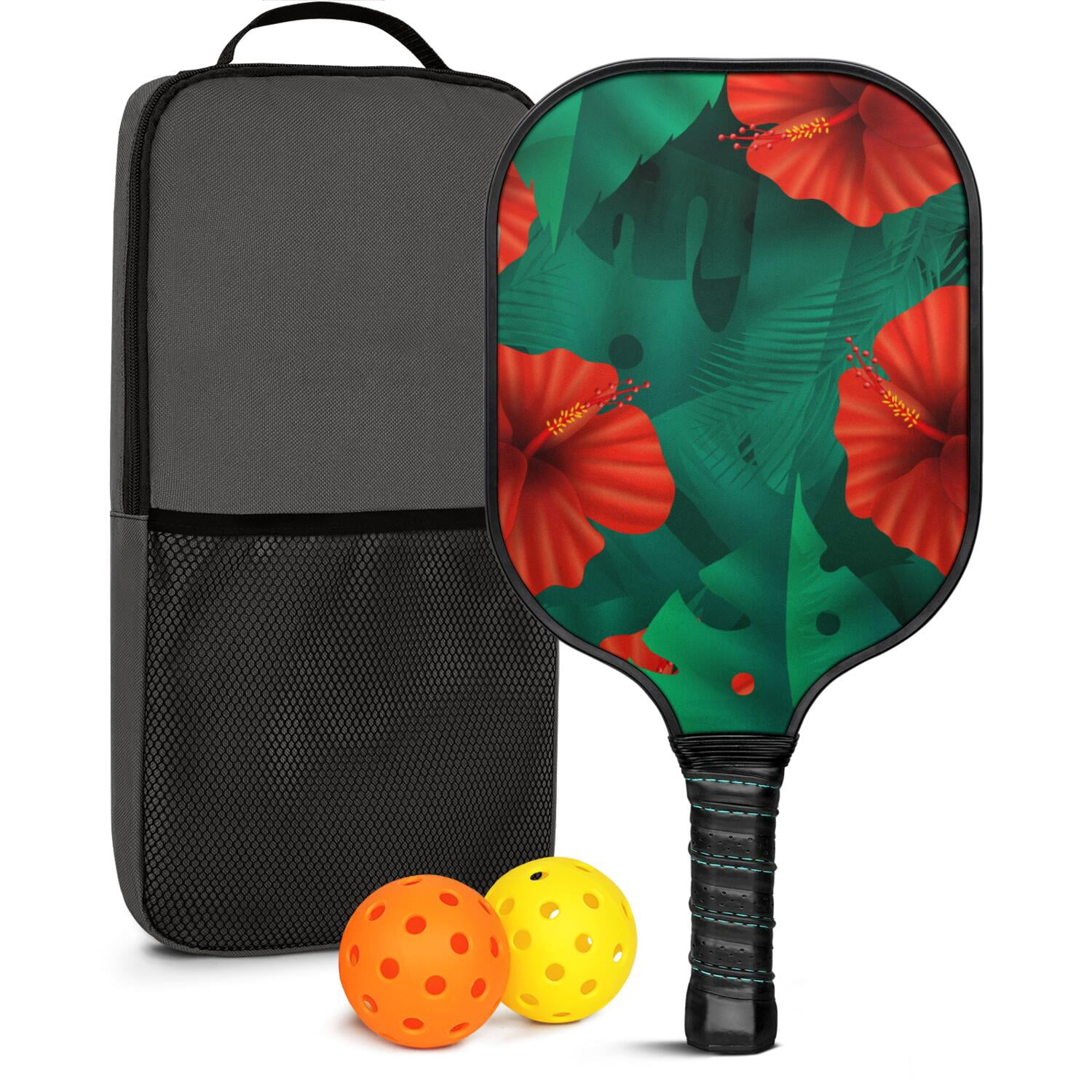 Pickleball Paddles Set Of 1, Fiberglass Surface, Tropical Leaf Print, 1 Paddle, 2 Balls & Bag