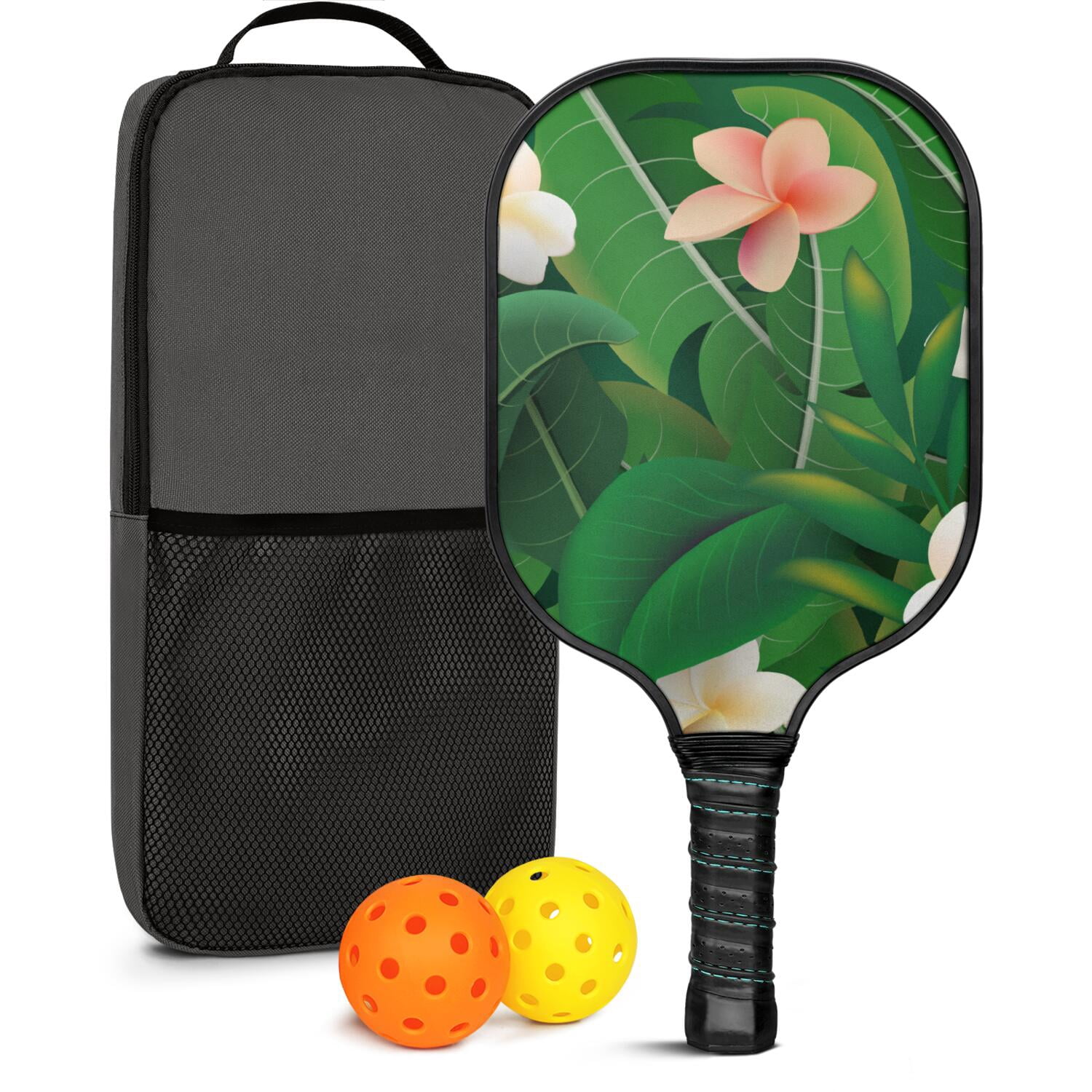 Pickleball Paddles Set Of 1, Fiberglass Surface, Tropical Leaf Print, 1 Paddle, 2 Balls & Bag