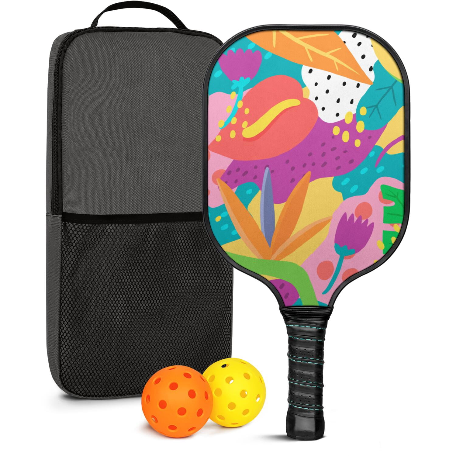 Pickleball Paddles Set Of 1, Fiberglass Surface, Tropical Leaf Print, 1 Paddle, 2 Balls & Bag