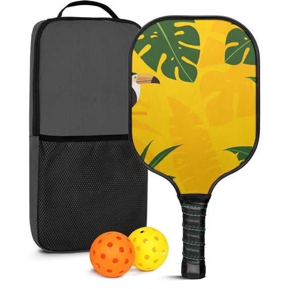 Pickleball Paddles Set Of 1, Fiberglass Surface, Tropical Leaf Print, 1 Paddle, 2 Balls & Bag