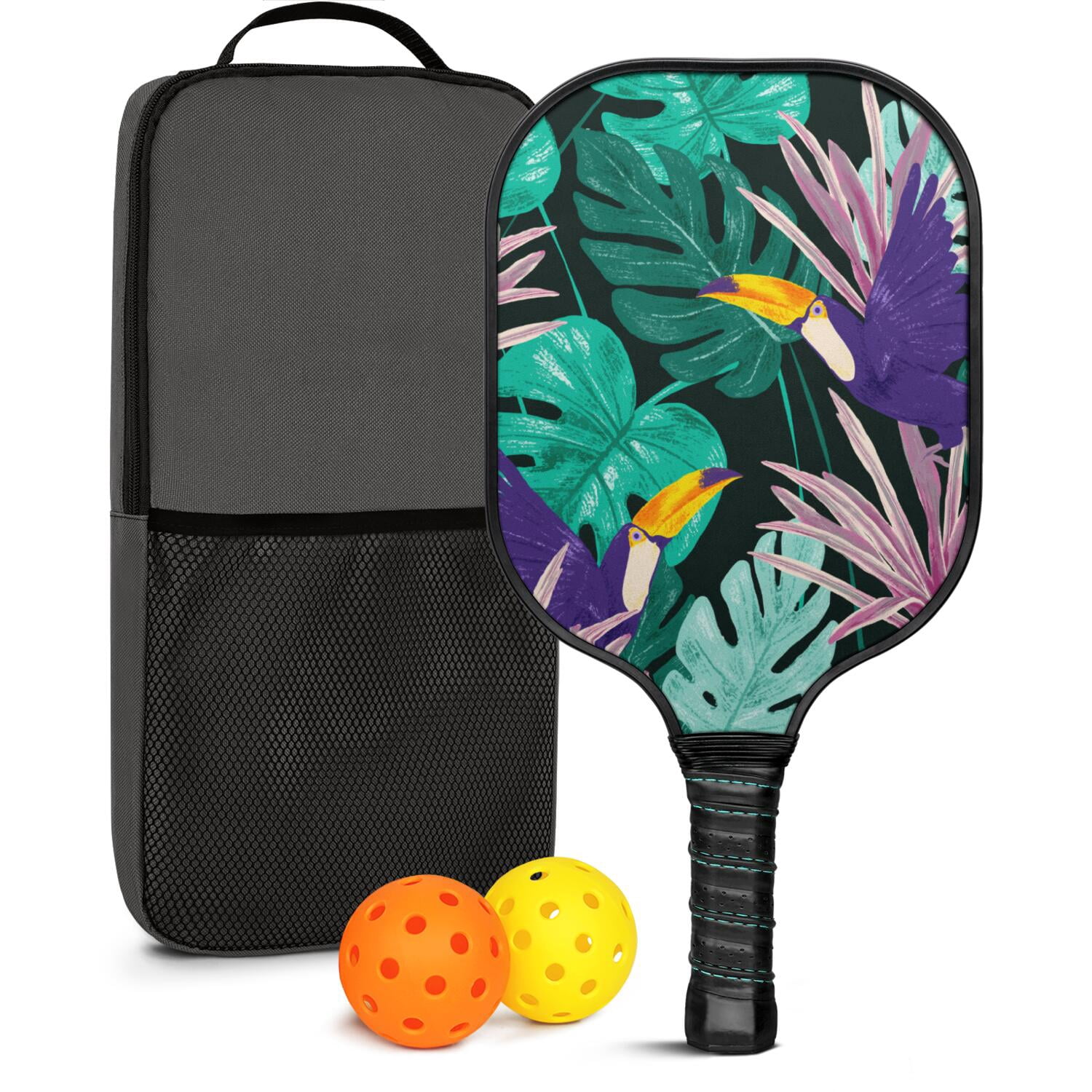 Pickleball Paddles Set Of 1, Fiberglass Surface, Tropical Leaf Print, 1 Paddle, 2 Balls & Bag