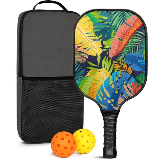 Pickleball Paddles Set Of 1, Fiberglass Surface, Tropical Leaf Print, 1 Paddle, 2 Balls & Bag