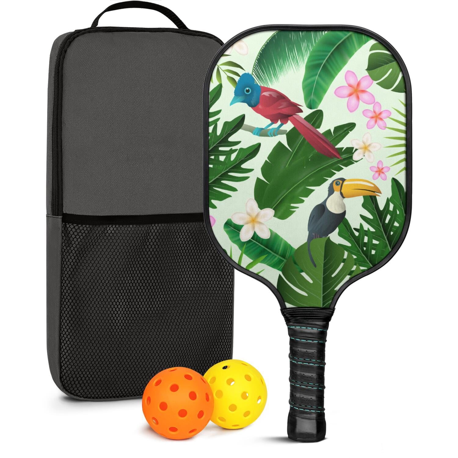 Pickleball Paddles Set Of 1, Fiberglass Surface, Tropical Leaf Print, 1 Paddle, 2 Balls & Bag