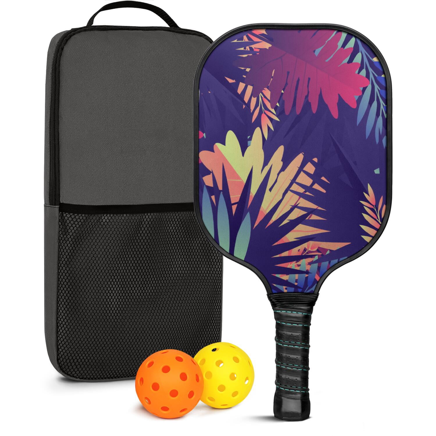 Pickleball Paddles Set Of 1, Fiberglass Surface, Tropical Leaf Print, 1 Paddle, 2 Balls & Bag