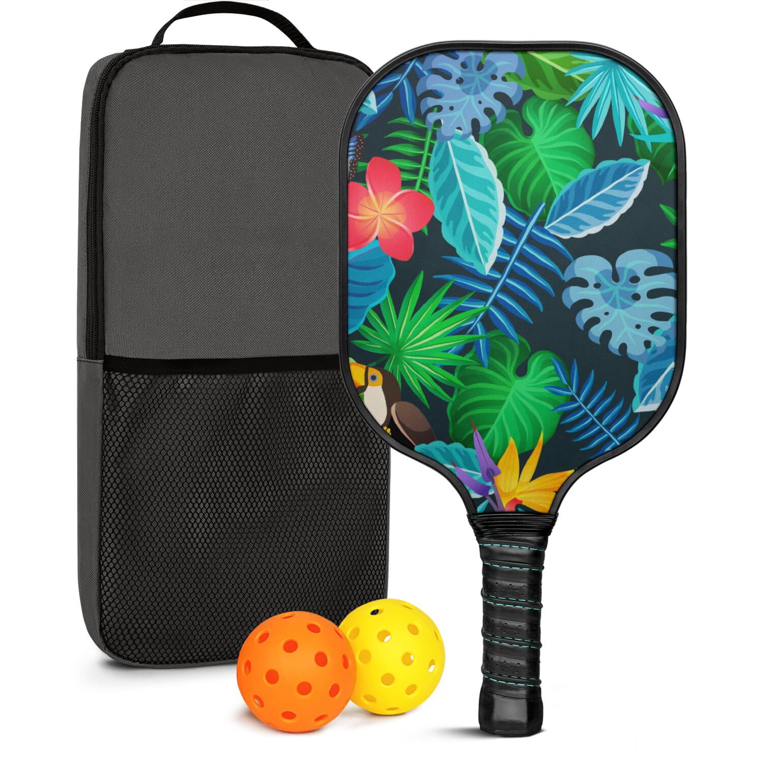 Pickleball Paddles Set Of 1, Fiberglass Surface, Tropical Leaf Print, 1 Paddle, 2 Balls & Bag