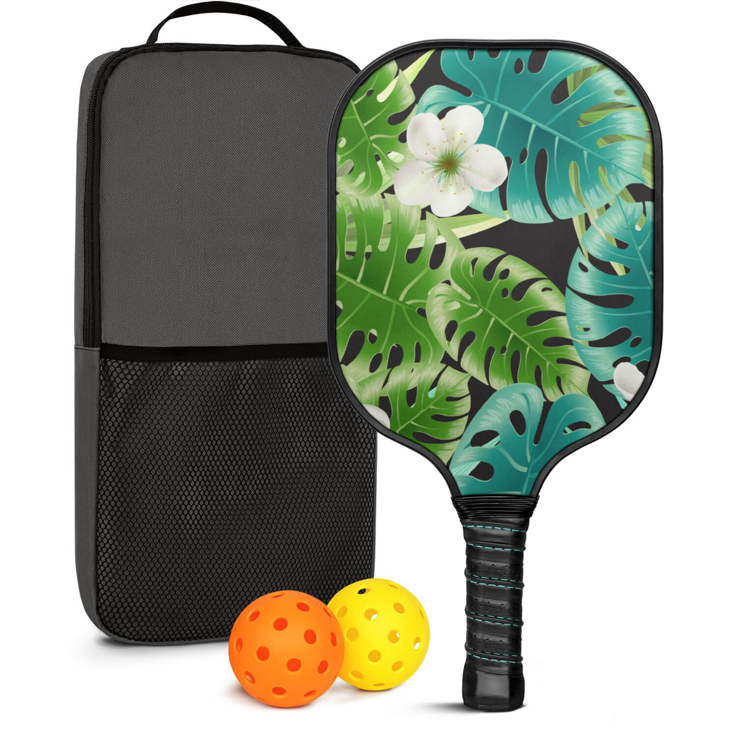 Pickleball Paddles Set Of 1, Fiberglass Surface, Tropical Leaf Print, 1 Paddle, 2 Balls & Bag