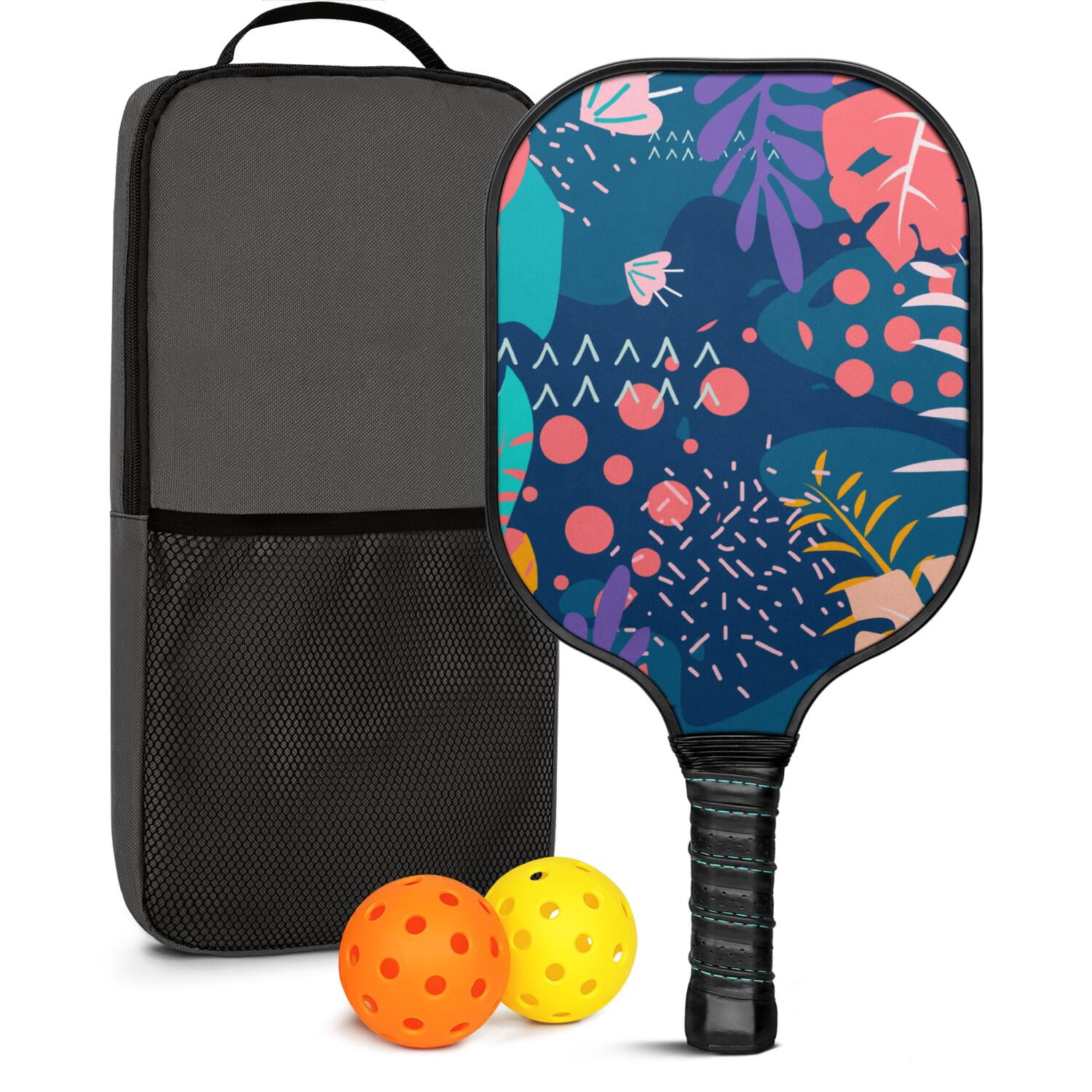 Pickleball Paddles Set Of 1, Fiberglass Surface, Tropical Leaf Print, 1 Paddle, 2 Balls & Bag