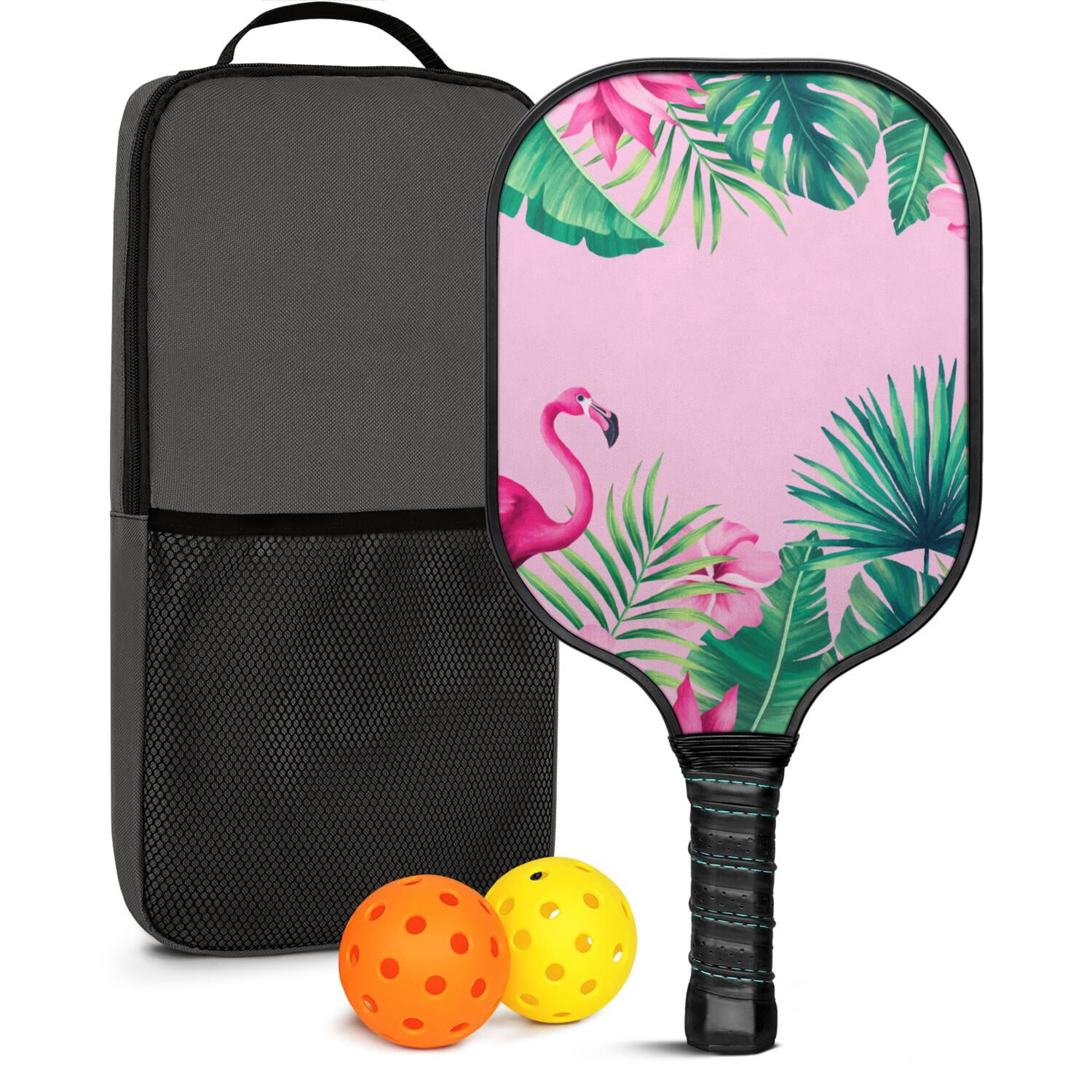 Pickleball Paddles Set Of 1, Fiberglass Surface, Tropical Leaf Print, 1 Paddle, 2 Balls & Bag