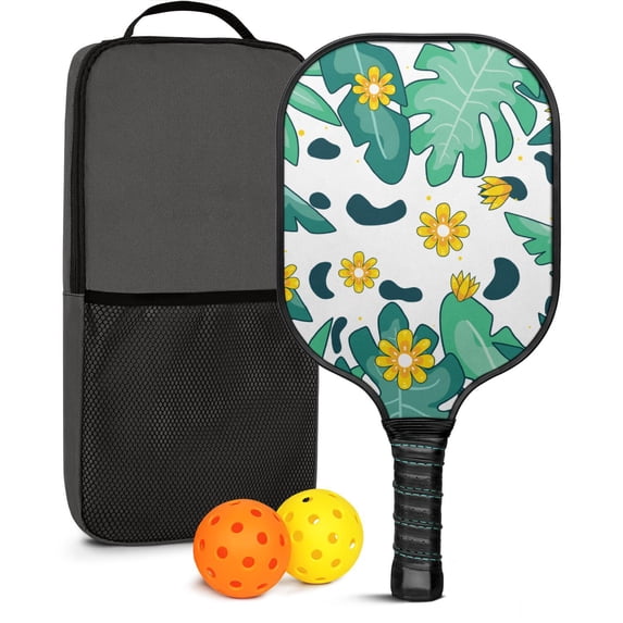 Pickleball Paddles Set Of 1, Fiberglass Surface, Tropical Leaf Print, 1 Paddle, 2 Balls & Bag