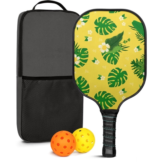 Pickleball Paddles Set Of 1, Fiberglass Surface, Tropical Leaf Print, 1 Paddle, 2 Balls & Bag