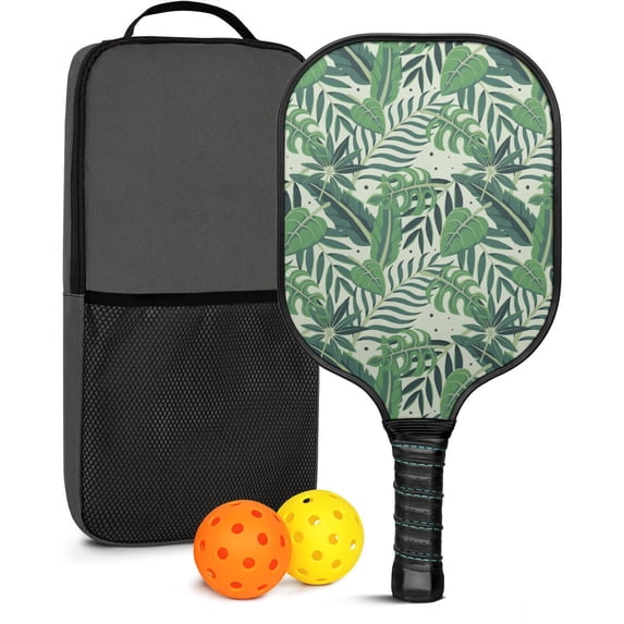 Pickleball Paddles Set Of 1, Fiberglass Surface, Tropical Leaf Print, 1 Paddle, 2 Balls & Bag